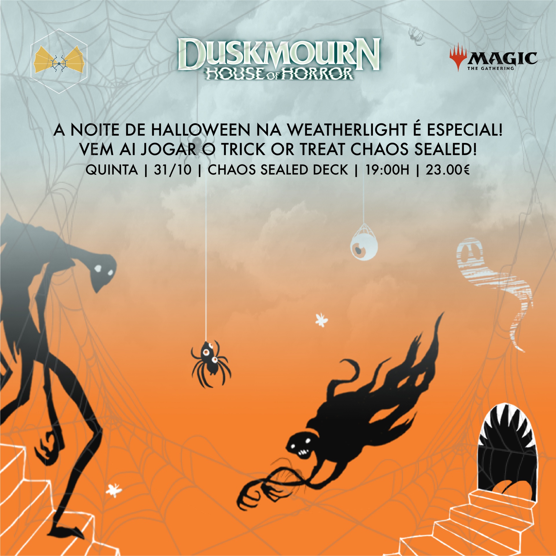 Cartaz de Halloween para evento de Magic: The Gathering com textos e ilustrações temáticas laranja e cinza