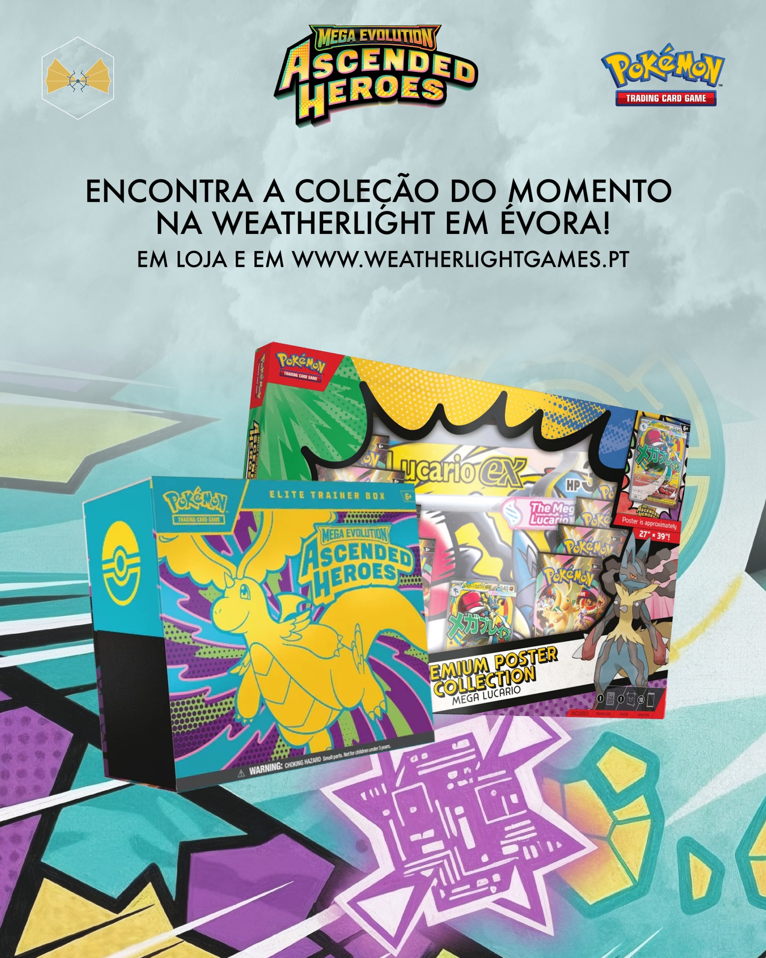 Caixa do jogo Pokémon Ascended Heroes com design colorido e texto promocional