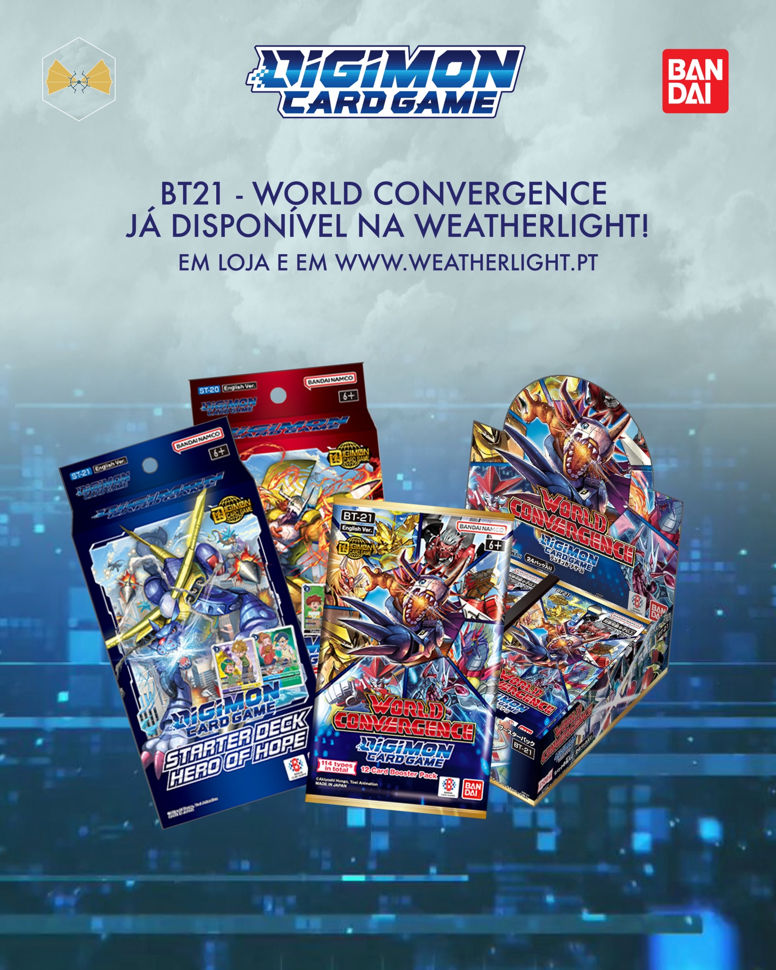 Pacotes de cartas Digimon Card Game BT21 com embalagens azul e vermelho sobre fundo digital azul.