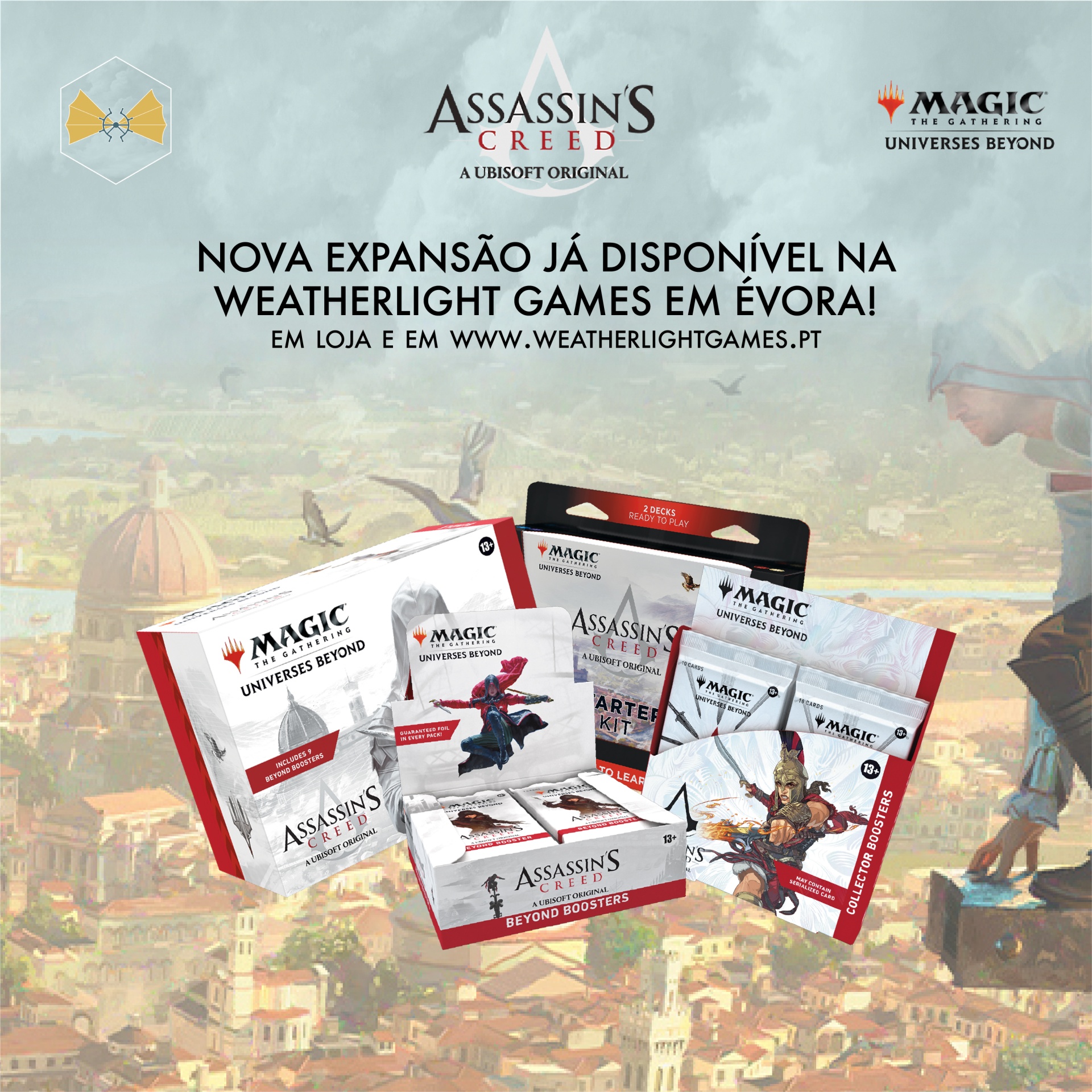 Promoção da expansão Assassin's Creed para Magic: The Gathering com caixas do jogo sobre fundo de cidade histórica