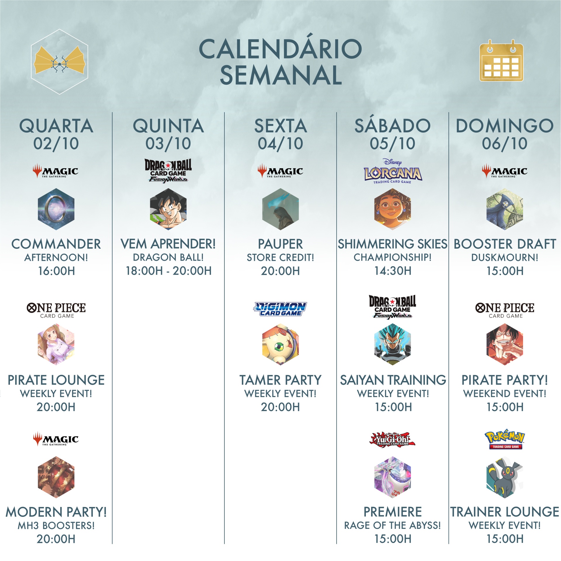 Calendário semanal de eventos de jogos de cartas com datas, horários e nomes dos eventos.