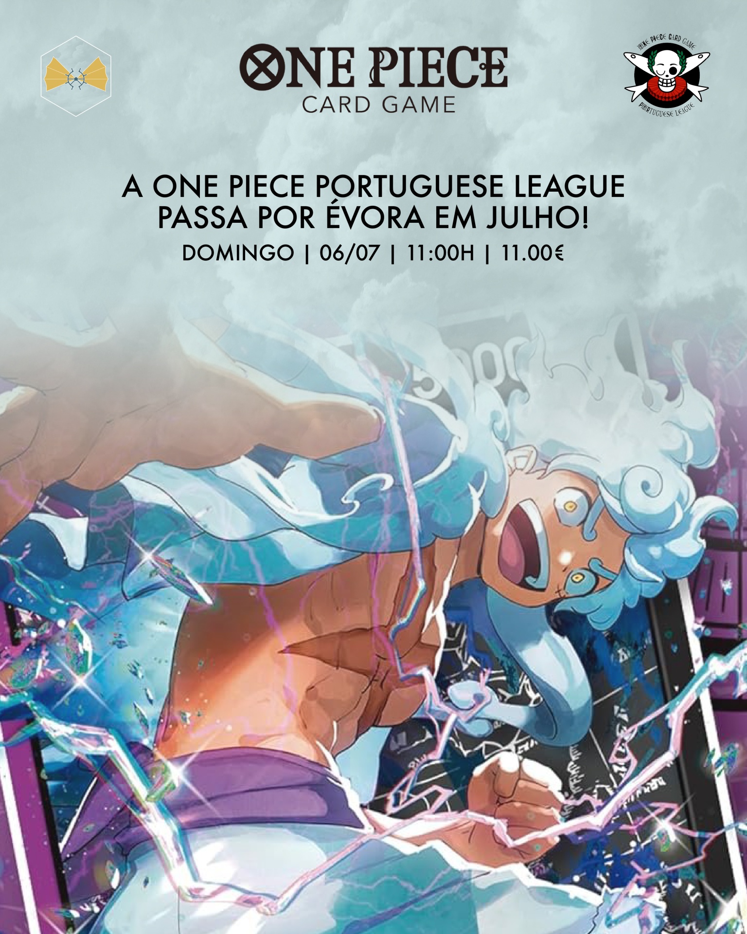 Cartaz ilustrado do jogo de cartas One Piece com texto sobre evento em Évora