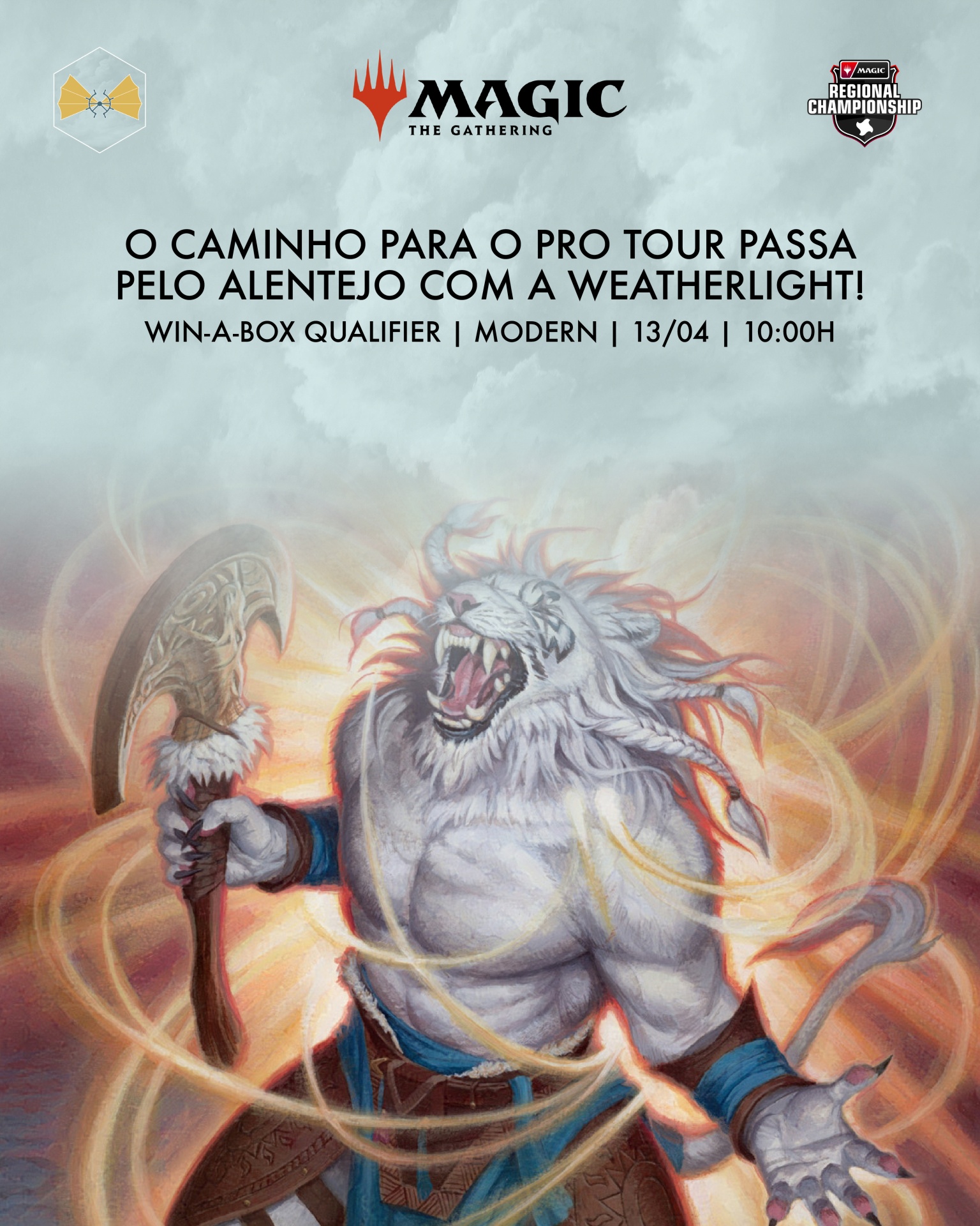 Cartaz promocional de Magic: The Gathering com criatura leão e texto do evento