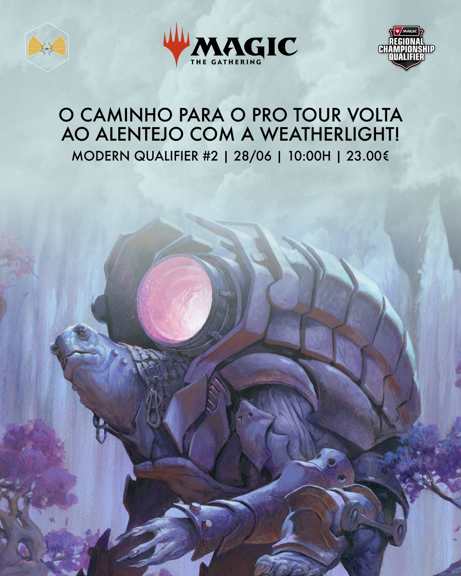 Cartaz promocional do jogo Magic: The Gathering com ilustração de tartaruga robótica e texto em português
