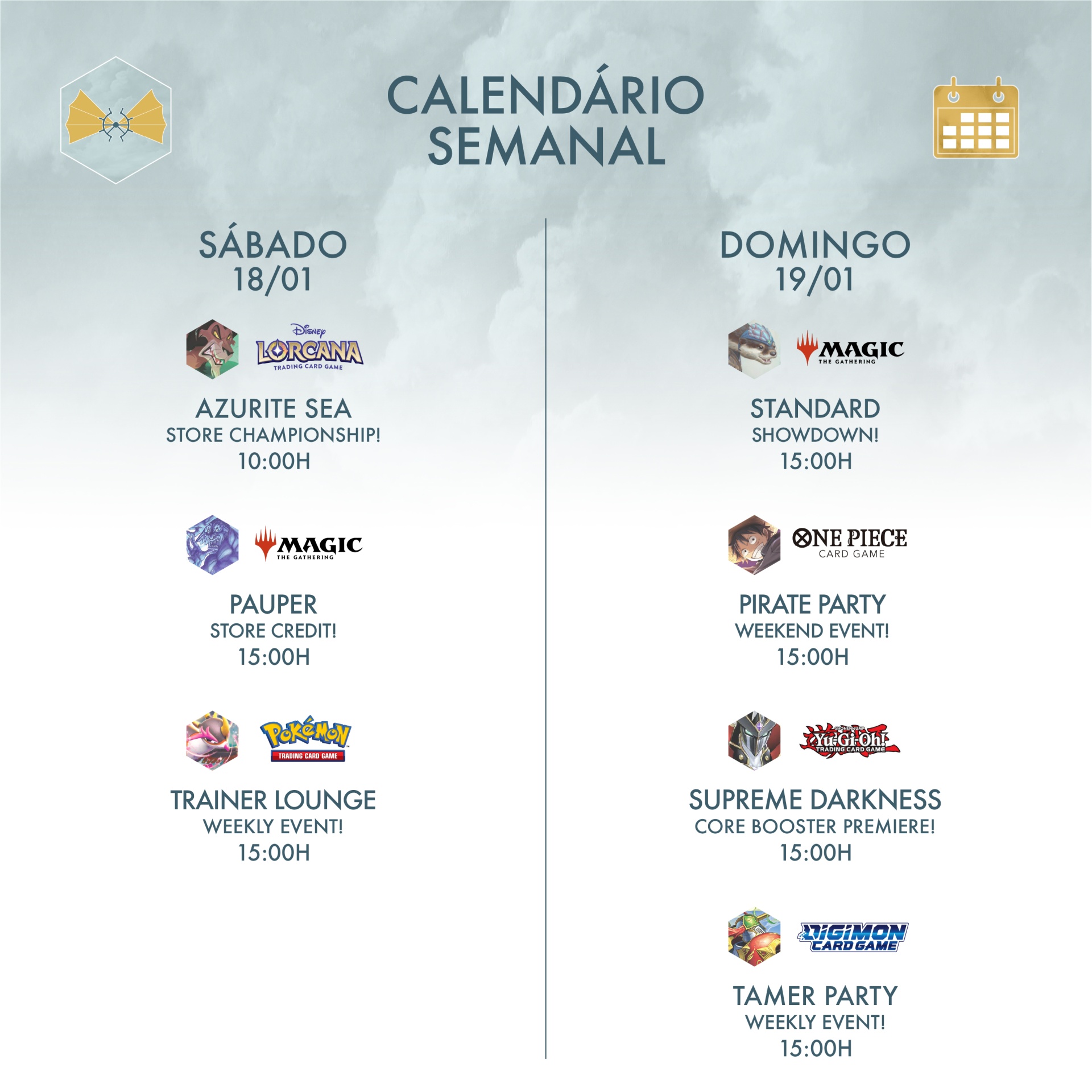Calendário semanal com eventos de jogos e cartas para sábado e domingo