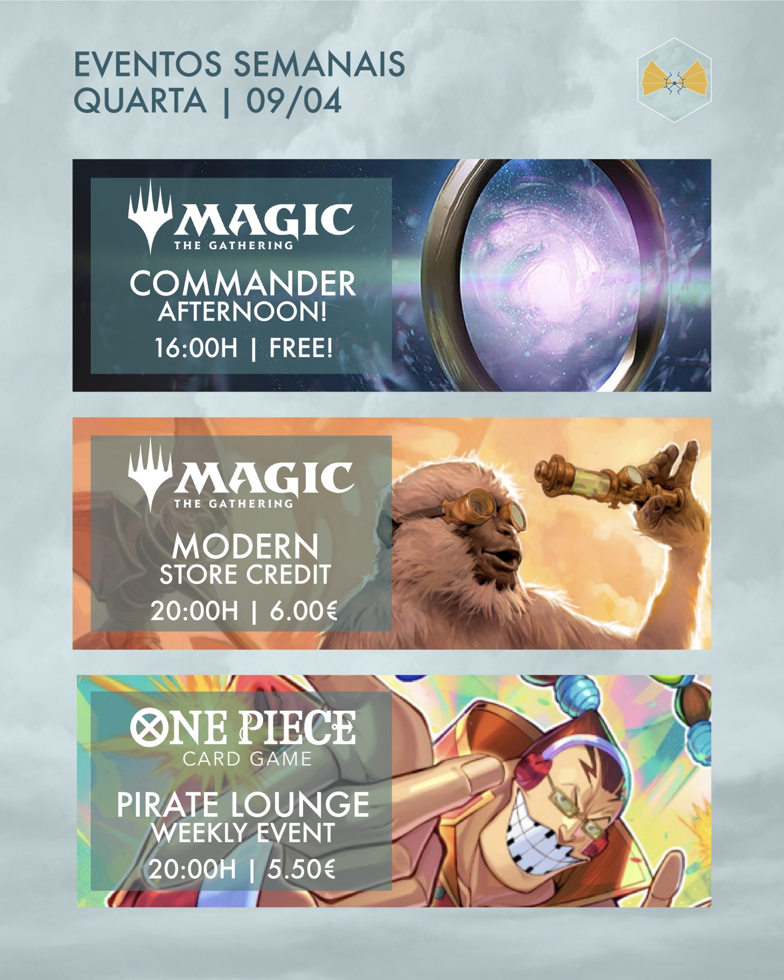 Cartaz de eventos semanais para jogos Magic The Gathering e One Piece em português.