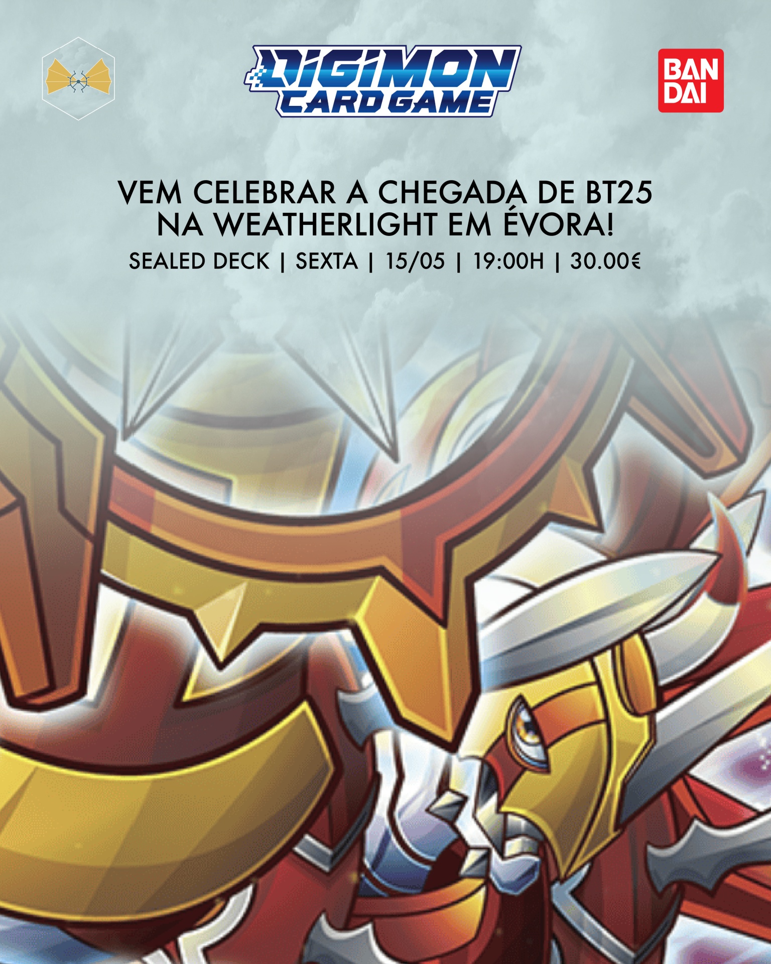 Promoção Digimon Card Game com ilustração colorida e texto em português para evento