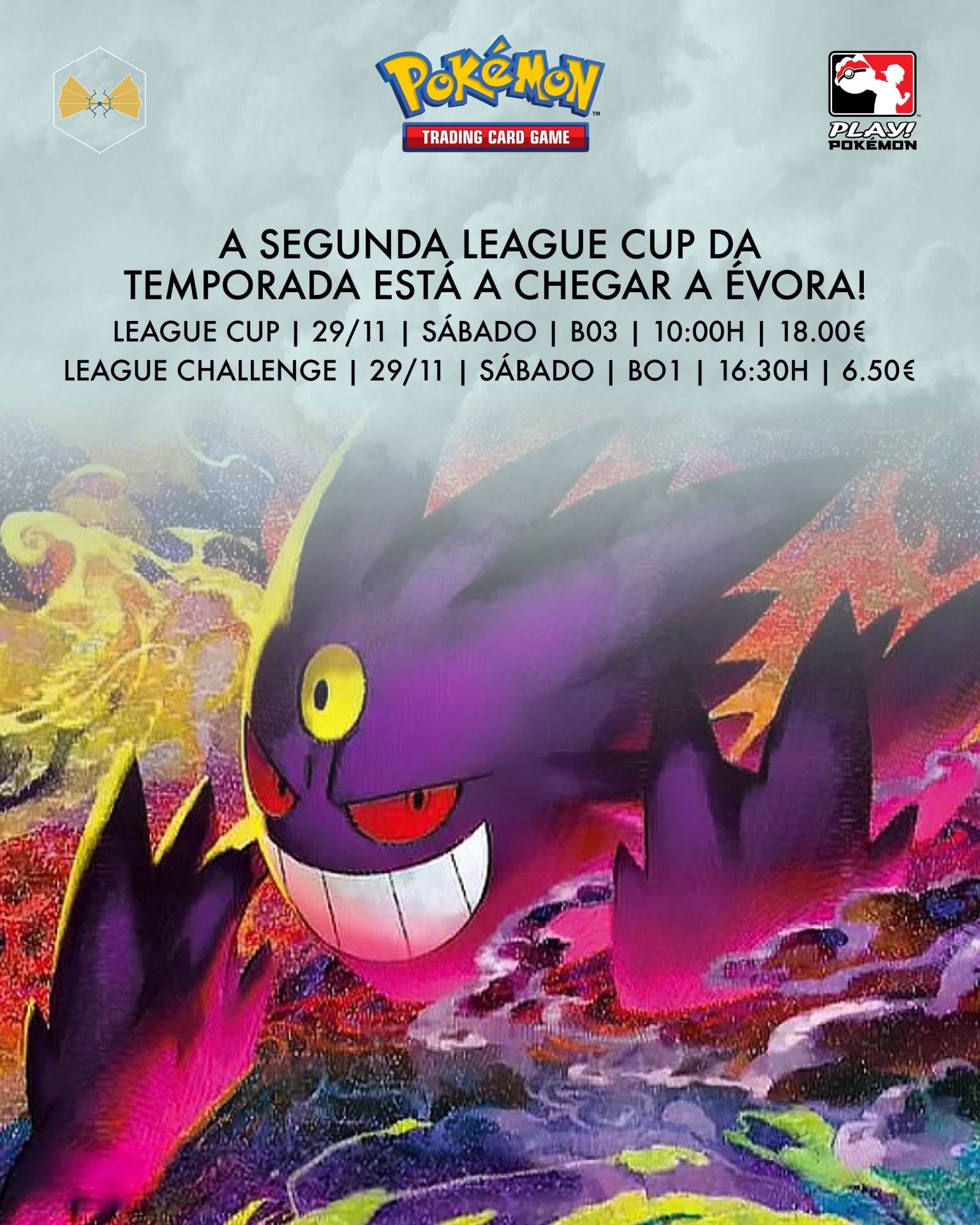 Promoção Pokémon com personagem Gengar roxo sorridente em fundo colorido