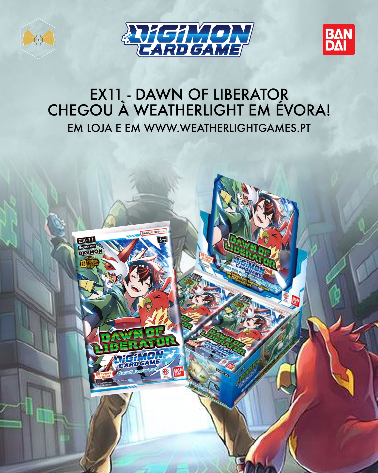Pacotes e caixa de cartas Digimon Dawn of Liberator sobre fundo fictício com texto