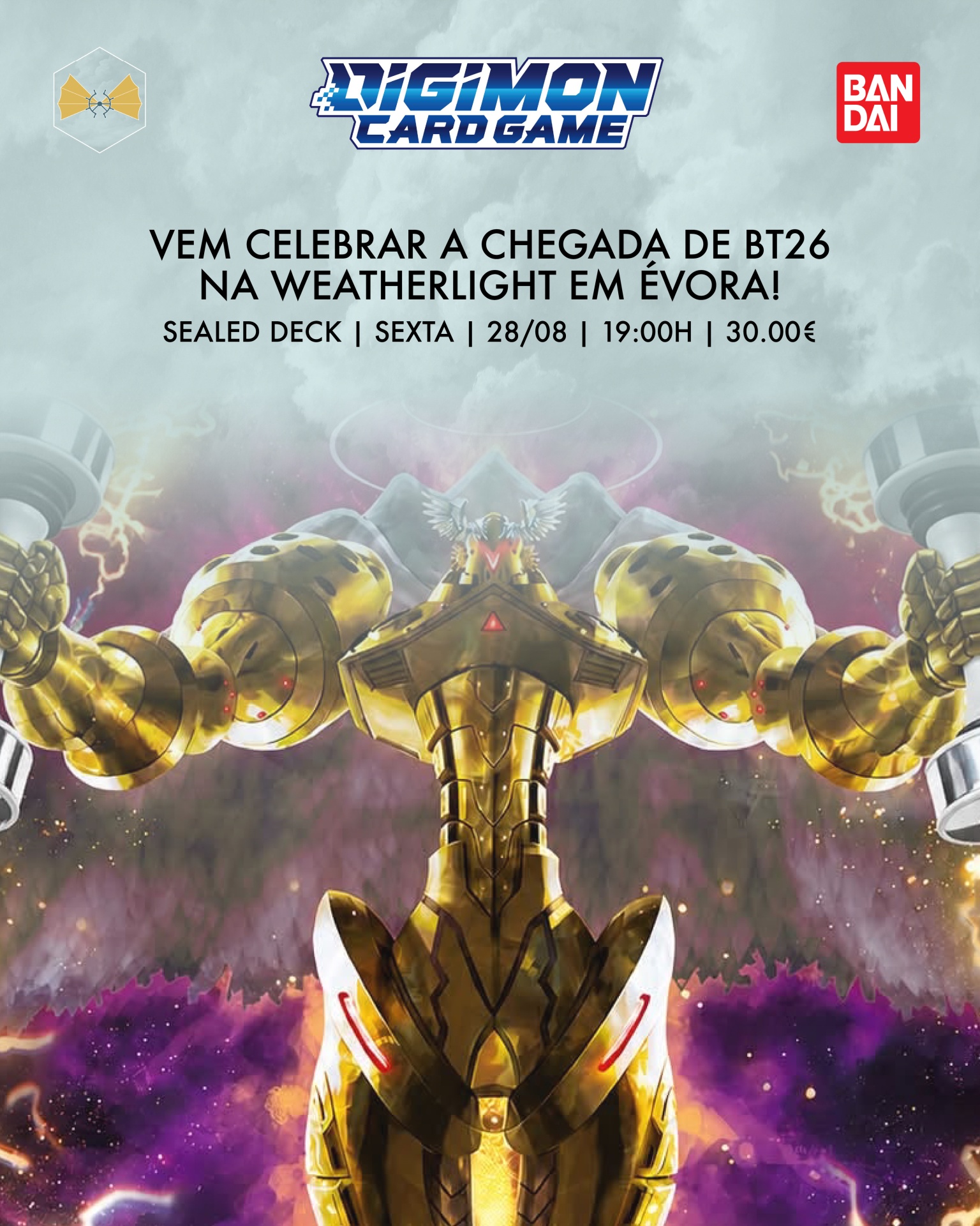 Promoção jogo de cartas Digimon com robô dourado e texto em português sobre evento em Évora.