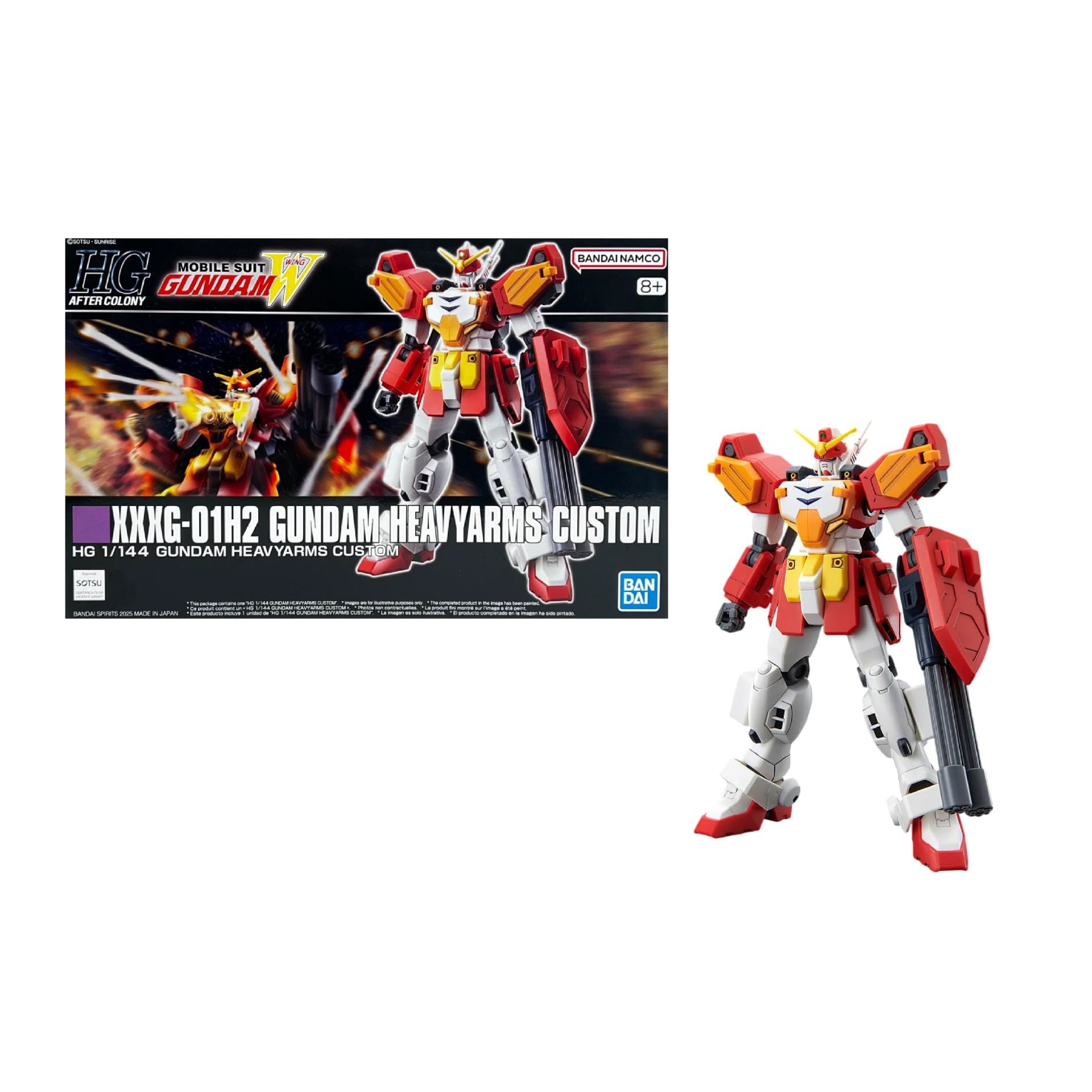 Model Kit: HG 1/144 Gundam Heavyarms Custom Modelo de robô Gundam branco, vermelho e amarelo com caixa do produto ao lado.