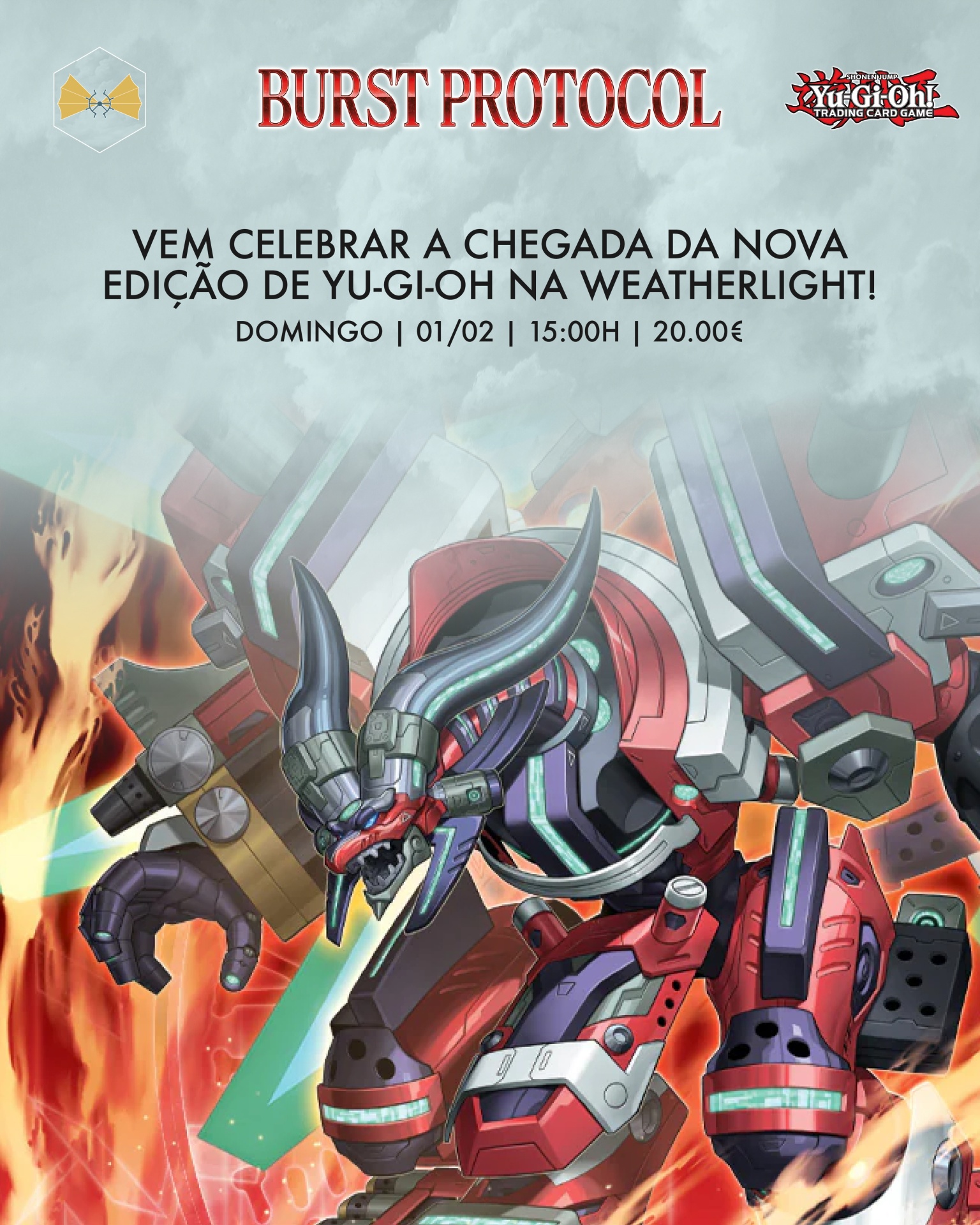 Robô futurista vermelho e cinzento em chamas com anúncio de evento Yu-Gi-Oh