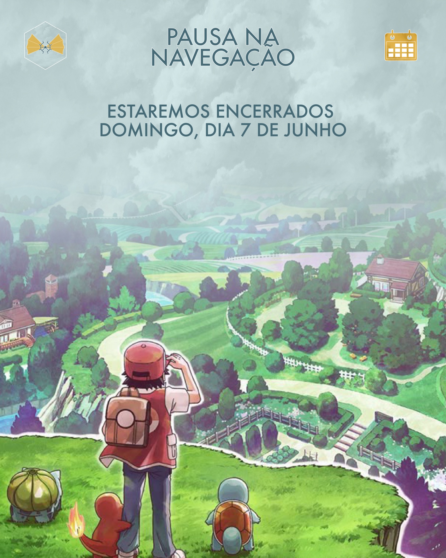 Personagem e três criaturas pequenas de costas observando paisagem rural verde