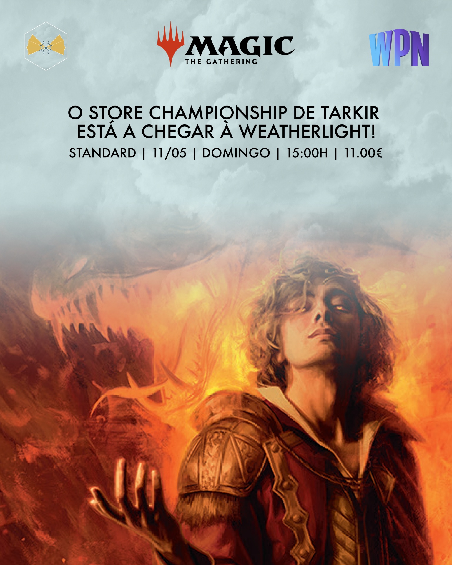 Cartaz do evento Magic: The Gathering Store Championship de Tarkir com personagem em armadura e fogo