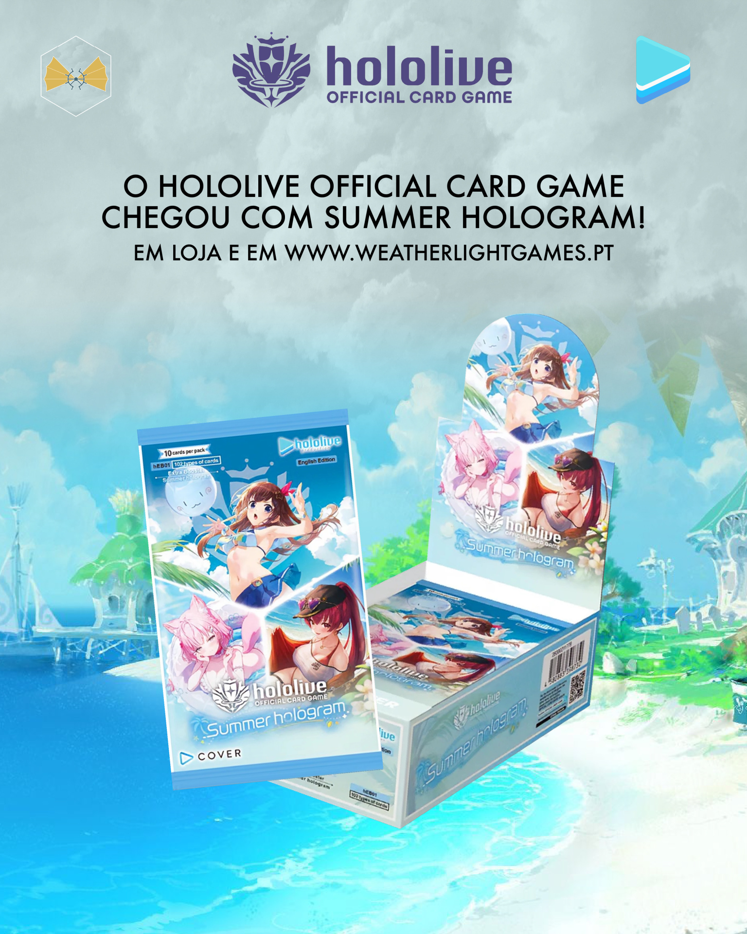 Promoção do jogo de cartas hololive OFFICIAL CARD GAME SUMMER HOLOGRAM com caixa e baralho em fundo marítimo