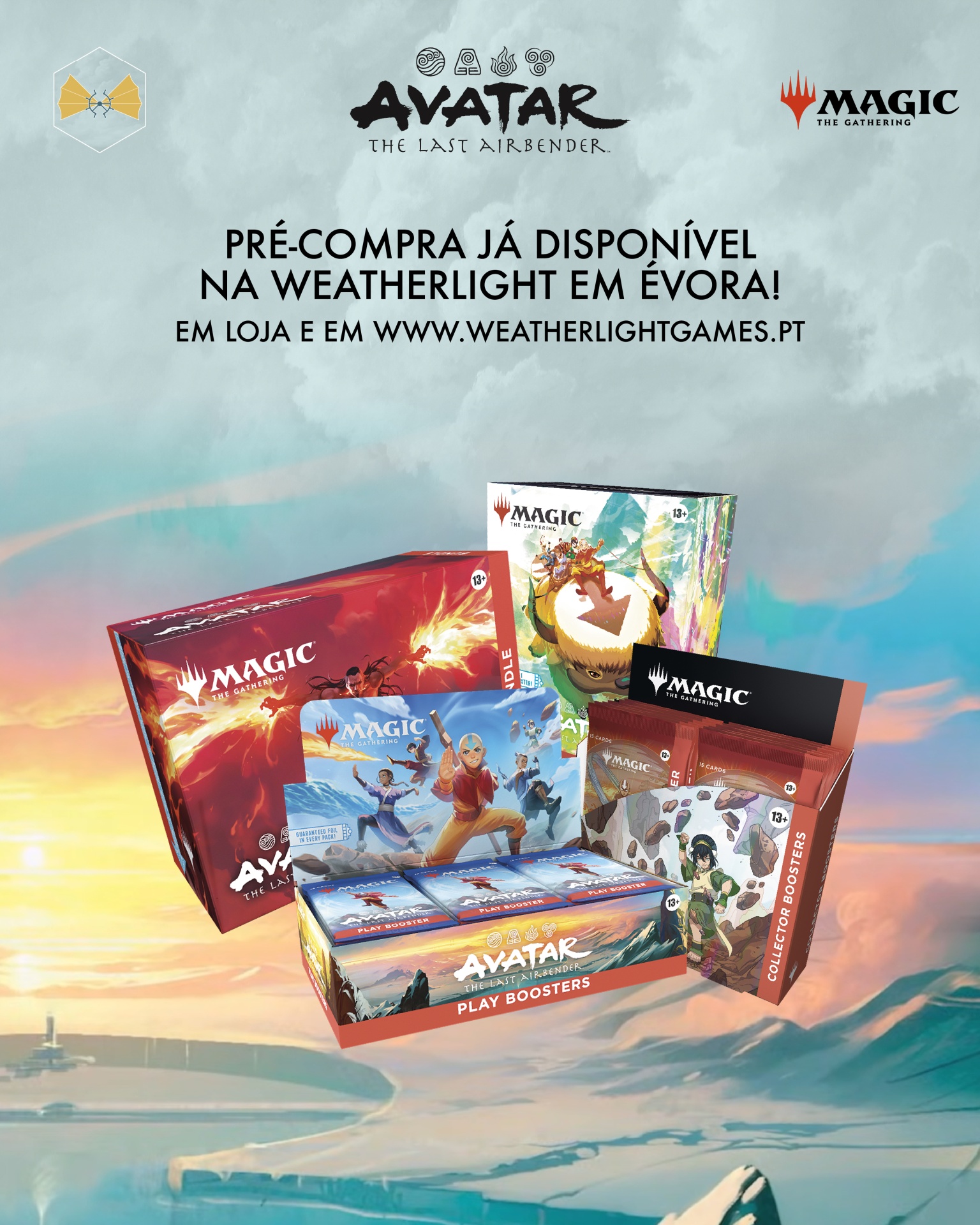 Produtos de Magic The Gathering com tema Avatar The Last Airbender e texto promocional de pré-compra.