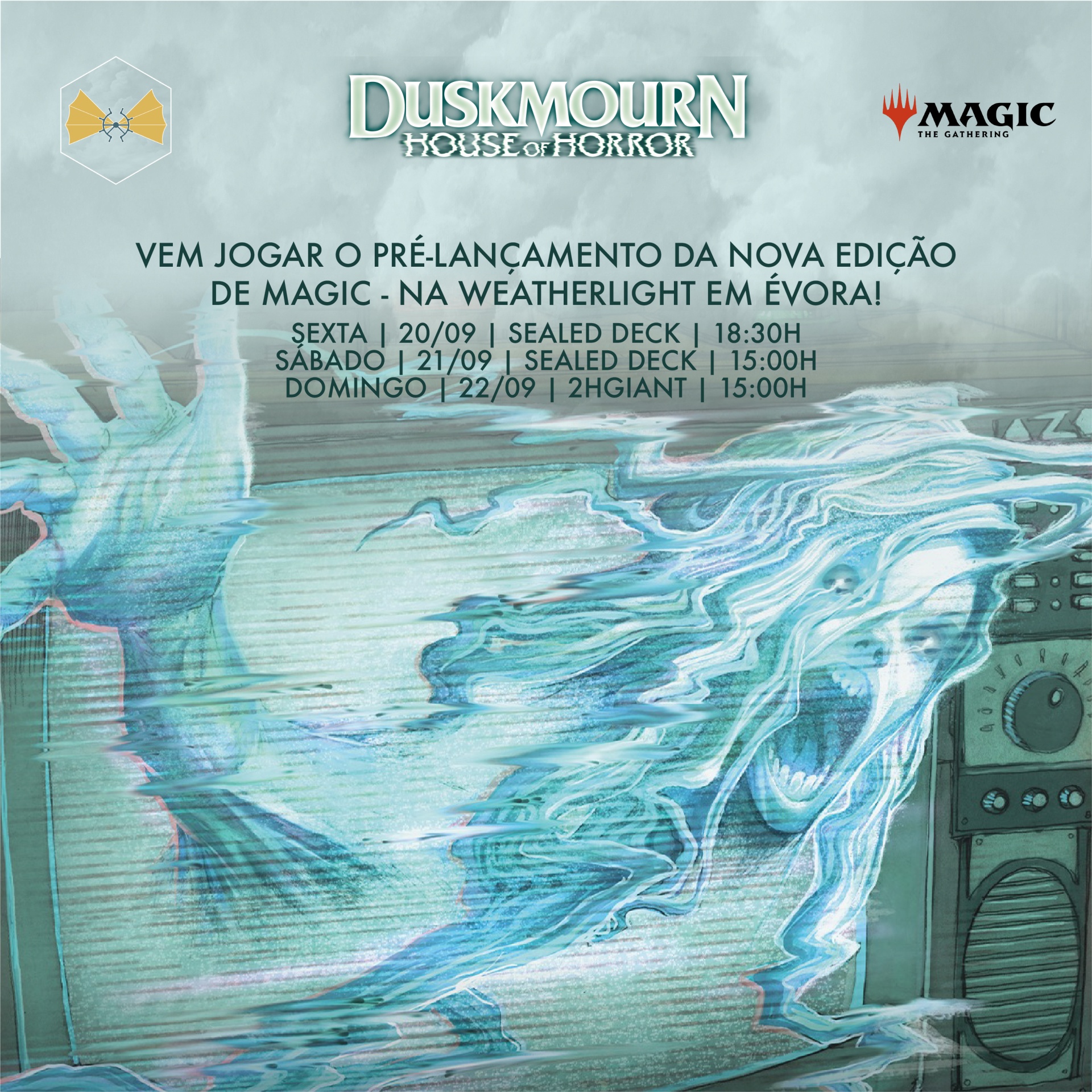 Cartaz promocional DUSKMOURN HOUSE OF HORROR para Magic: The Gathering com detalhes de evento em Évora