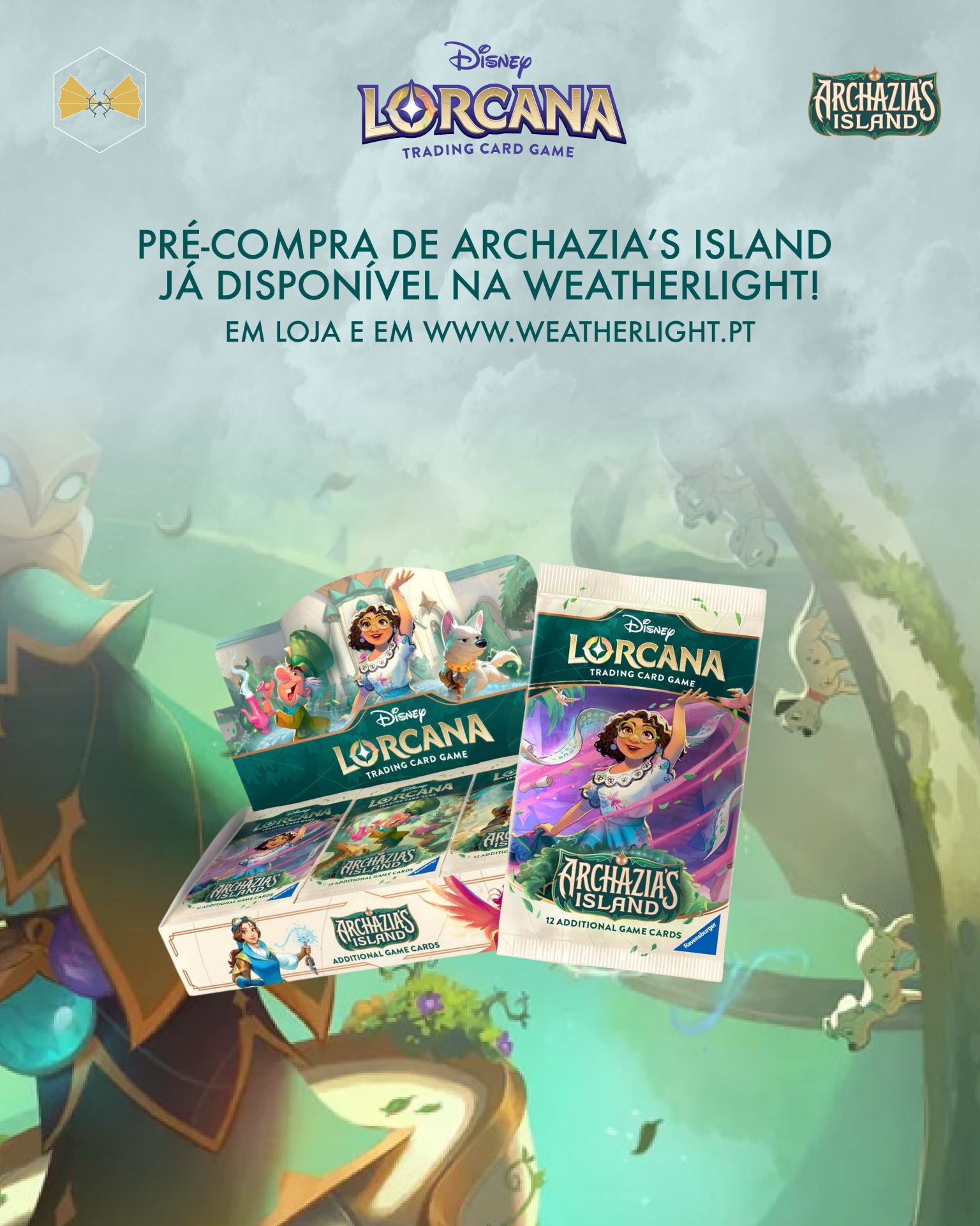 Pacotes do jogo de cartas Disney Lorcana com arte colorida e texto de pré-compra em português.