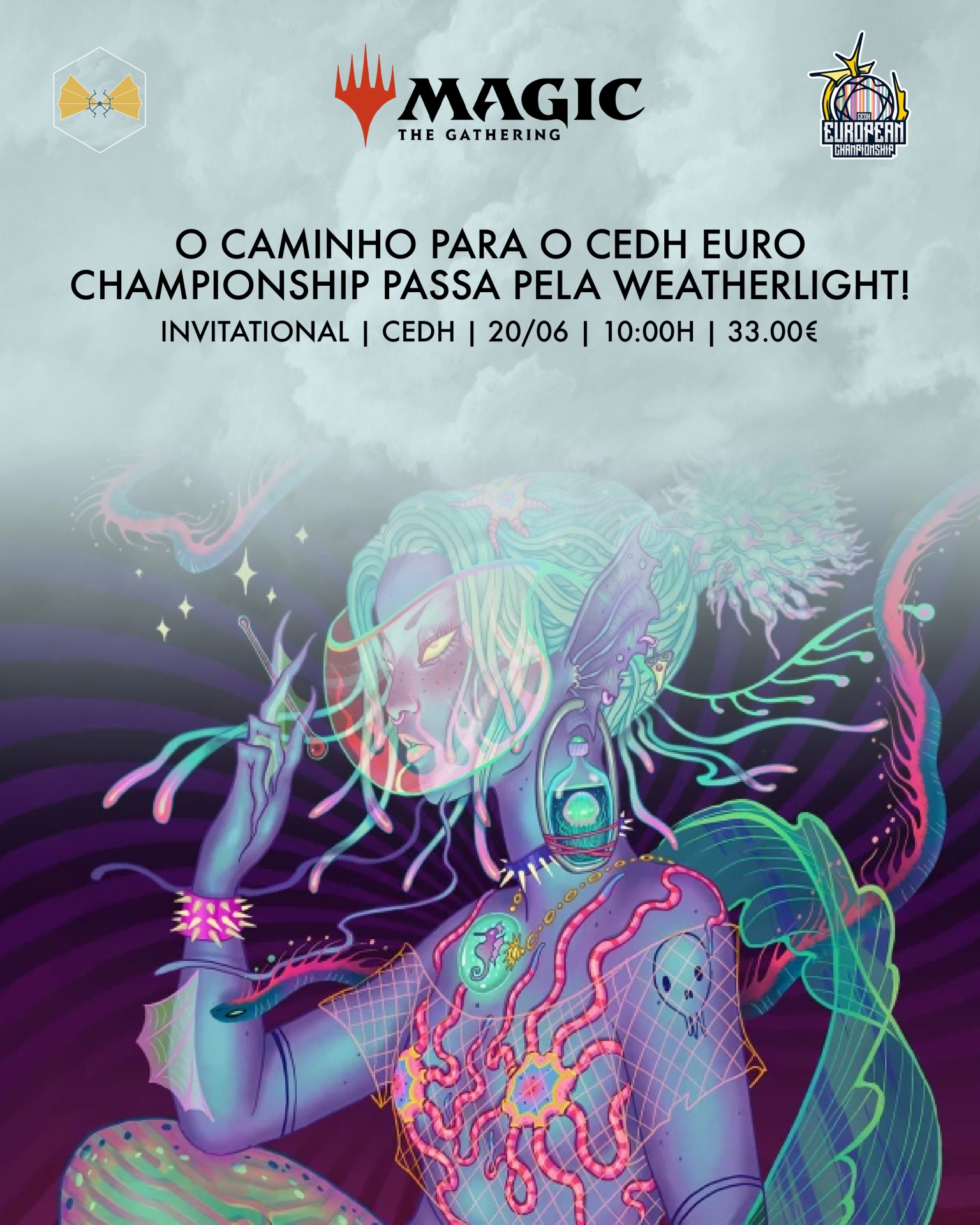 Cartaz promocional jogo Magic The Gathering com arte digital colorida e texto de evento CEDH EURO CHAMPIONSHIP