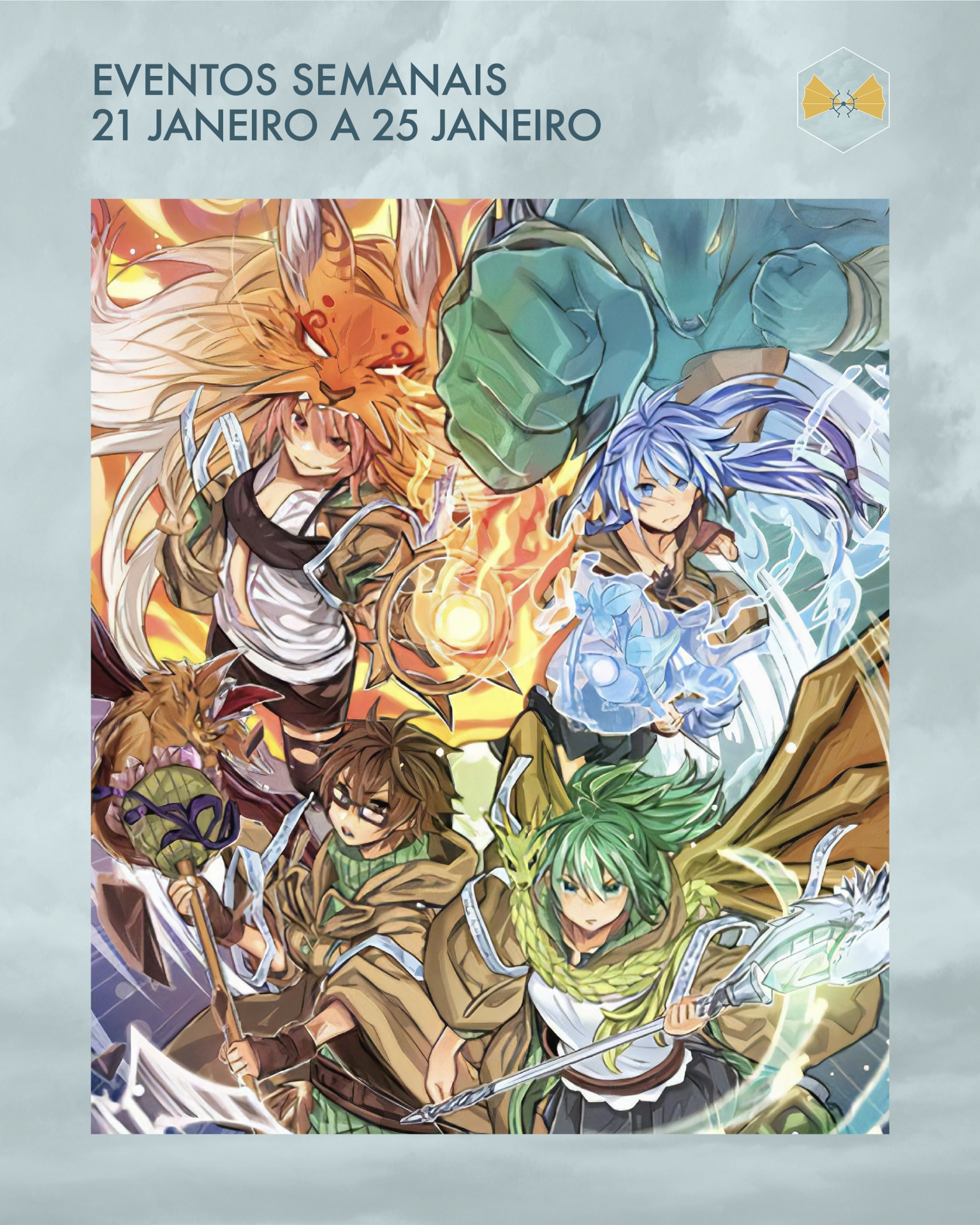 Ilustração anime com personagens fantasy e texto EVENTOS SEMANAIS 21 JANEIRO A 25 JANEIRO