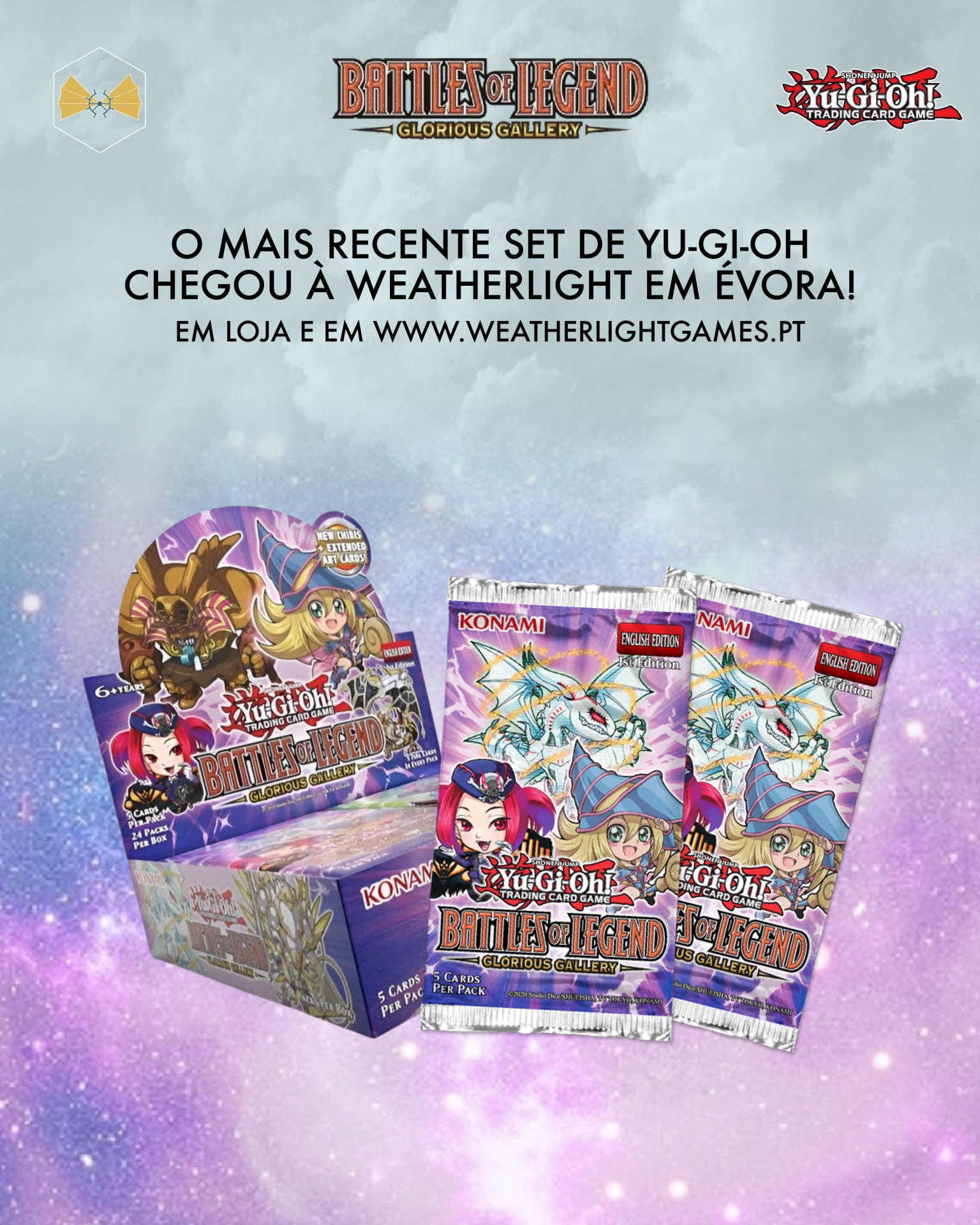 Cartas de trading Yu-Gi-Oh Battles of Legend Glorious Gallery no expositor lilás com personagens e textos em inglês e português