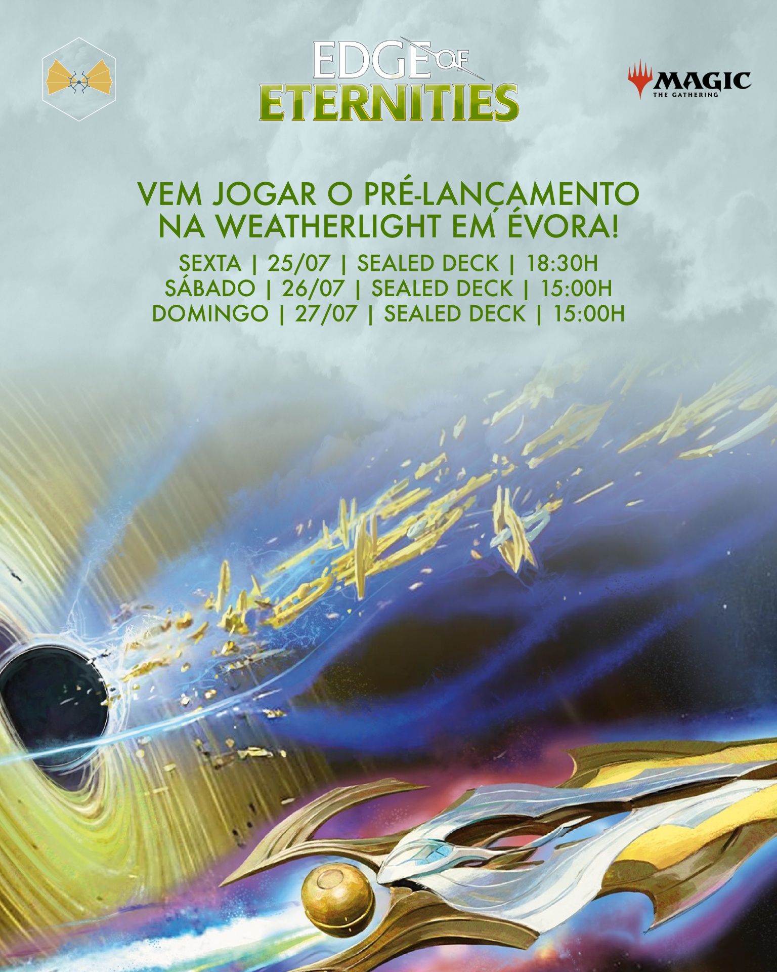 Cartaz promocional do jogo Magic: The Gathering com datas para evento de pré-lançamento em Évora.