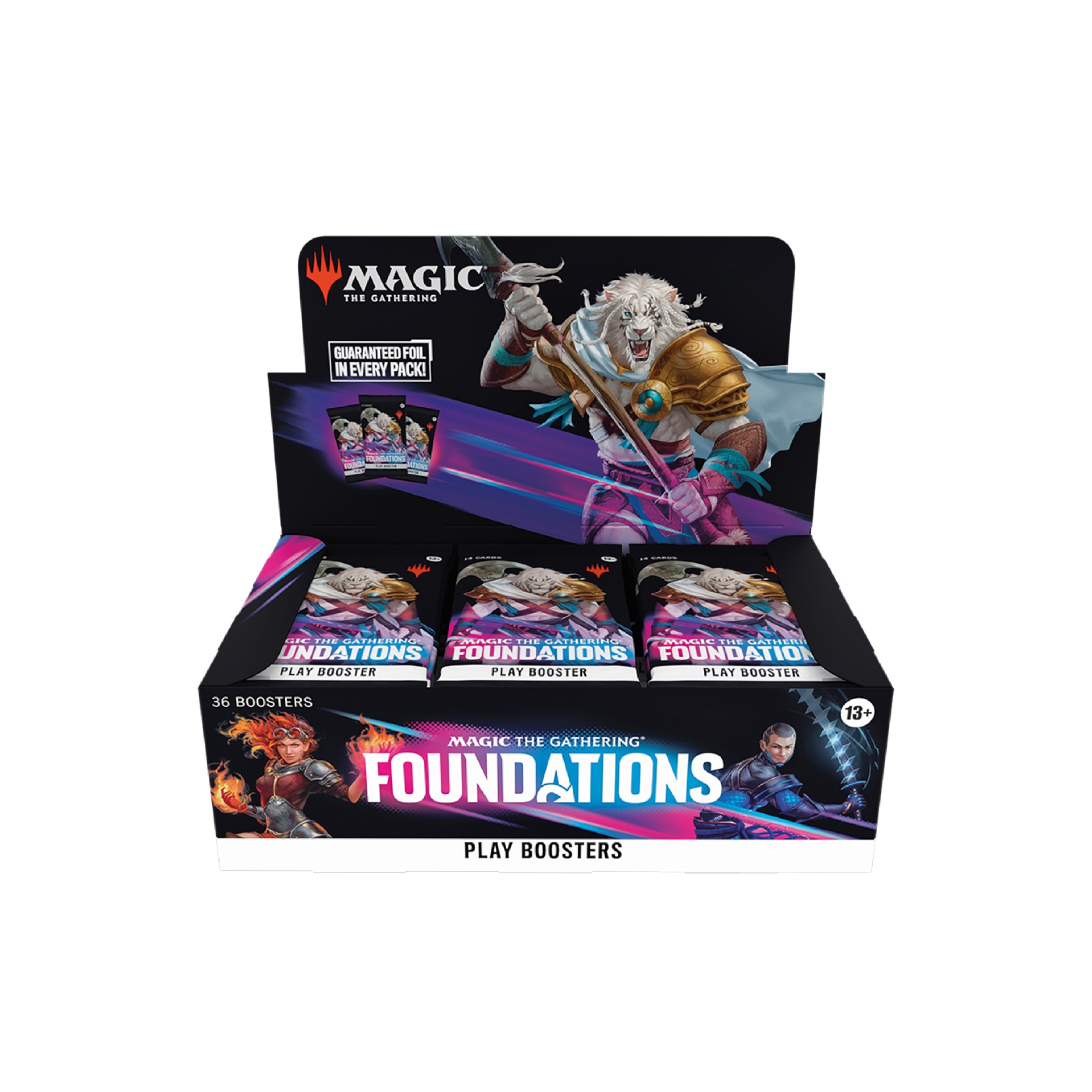 Magic: The Gathering - Foundations - Play Booster Box Expositor de boosters do jogo Magic: The Gathering Foundations com personagens de fantasia.