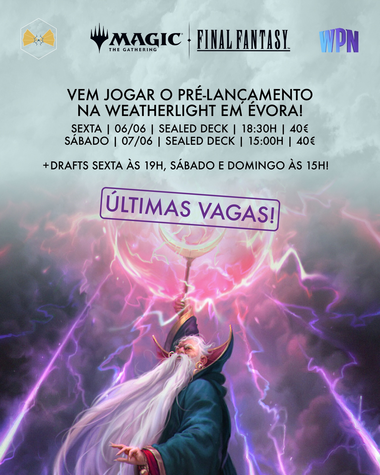 Cartaz de pré-lançamento Magic The Gathering: Final Fantasy com feiticeiro e texto em português
