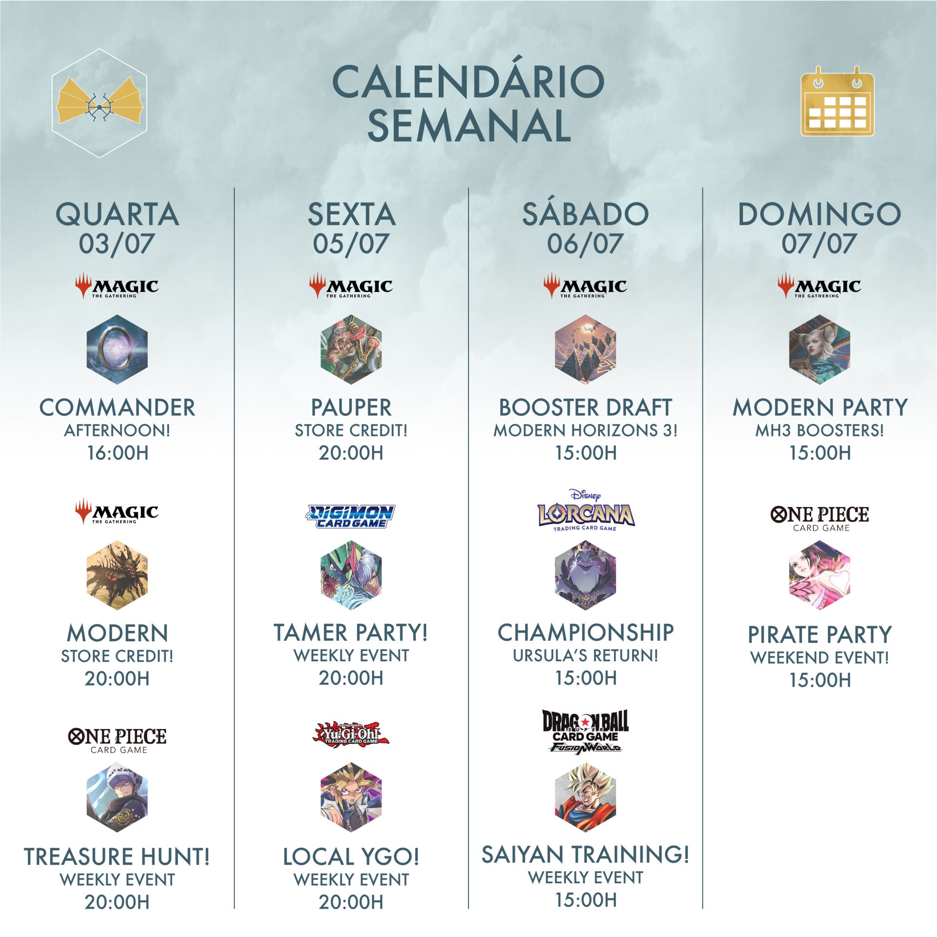 Calendário semanal de eventos de jogos com datas e horários de 03/07 a 07/07