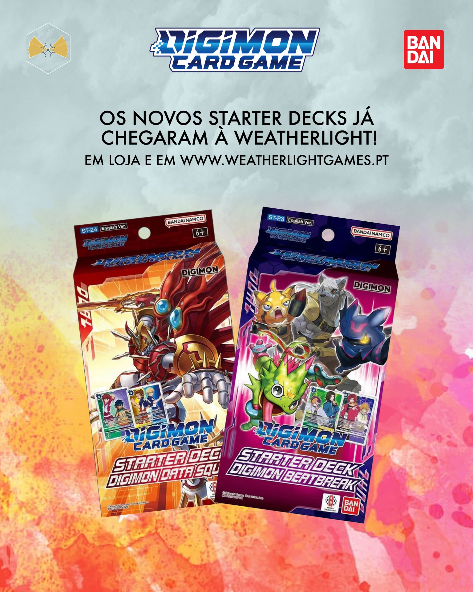 Promoção de Starter Decks Digimon Card Game com caixas vermelha e roxa, texto em português e logótipos Digimon e Bandai.