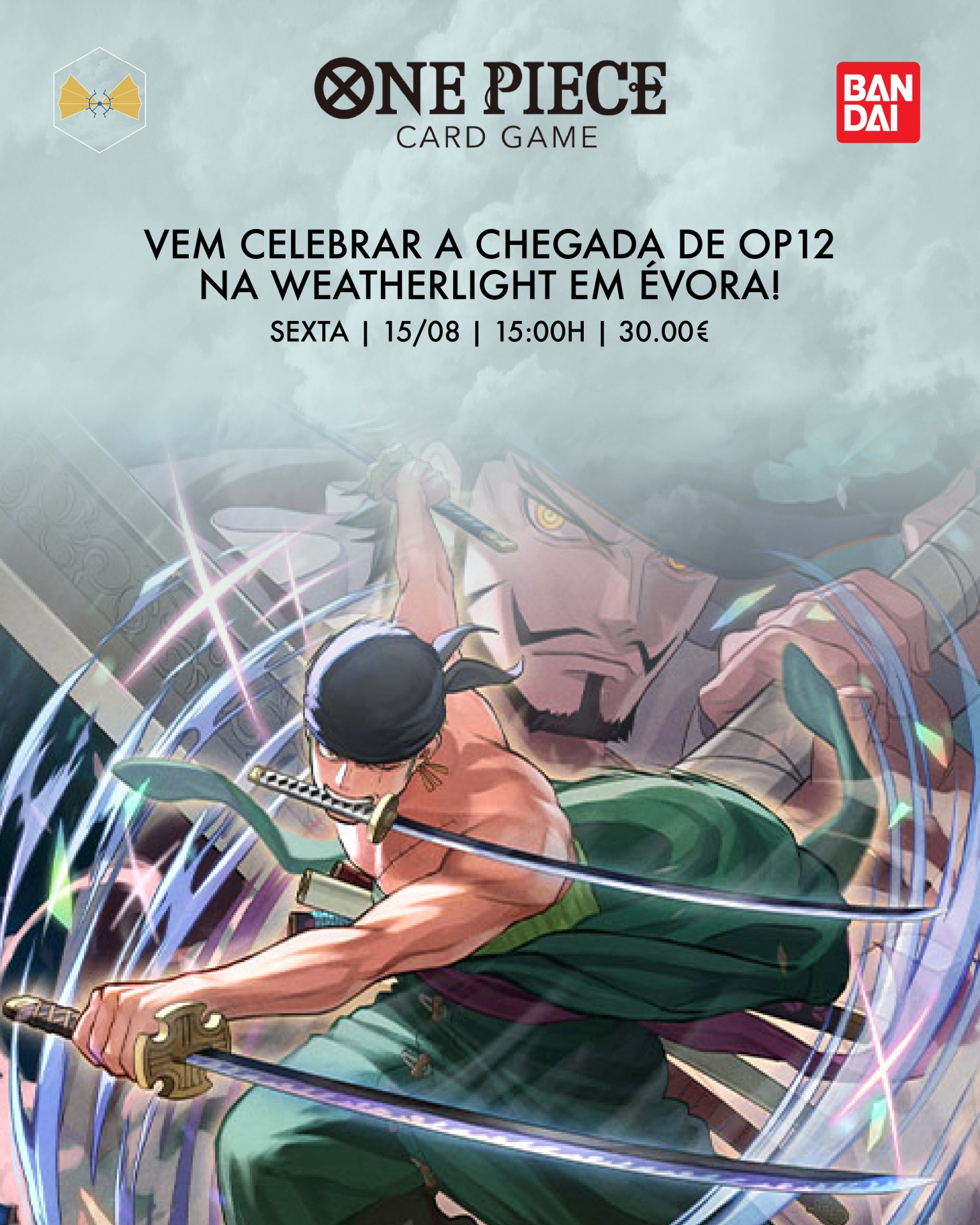 Cartaz promocional do jogo de cartas ONE PIECE com personagens anime e informações sobre evento em Évora.