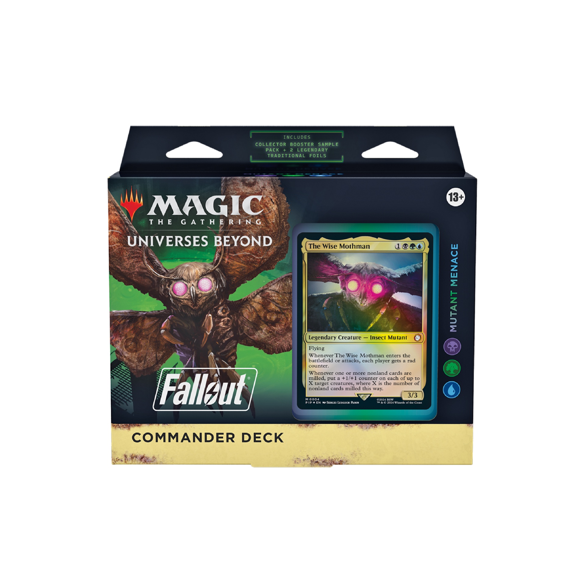 Magic: The Gathering - Fallout - Commander Deck - Mutant Menace - EN Caixa do deck Commander Magic: The Gathering Universes Beyond Fallout com ilustração da criatura Voice Mothman