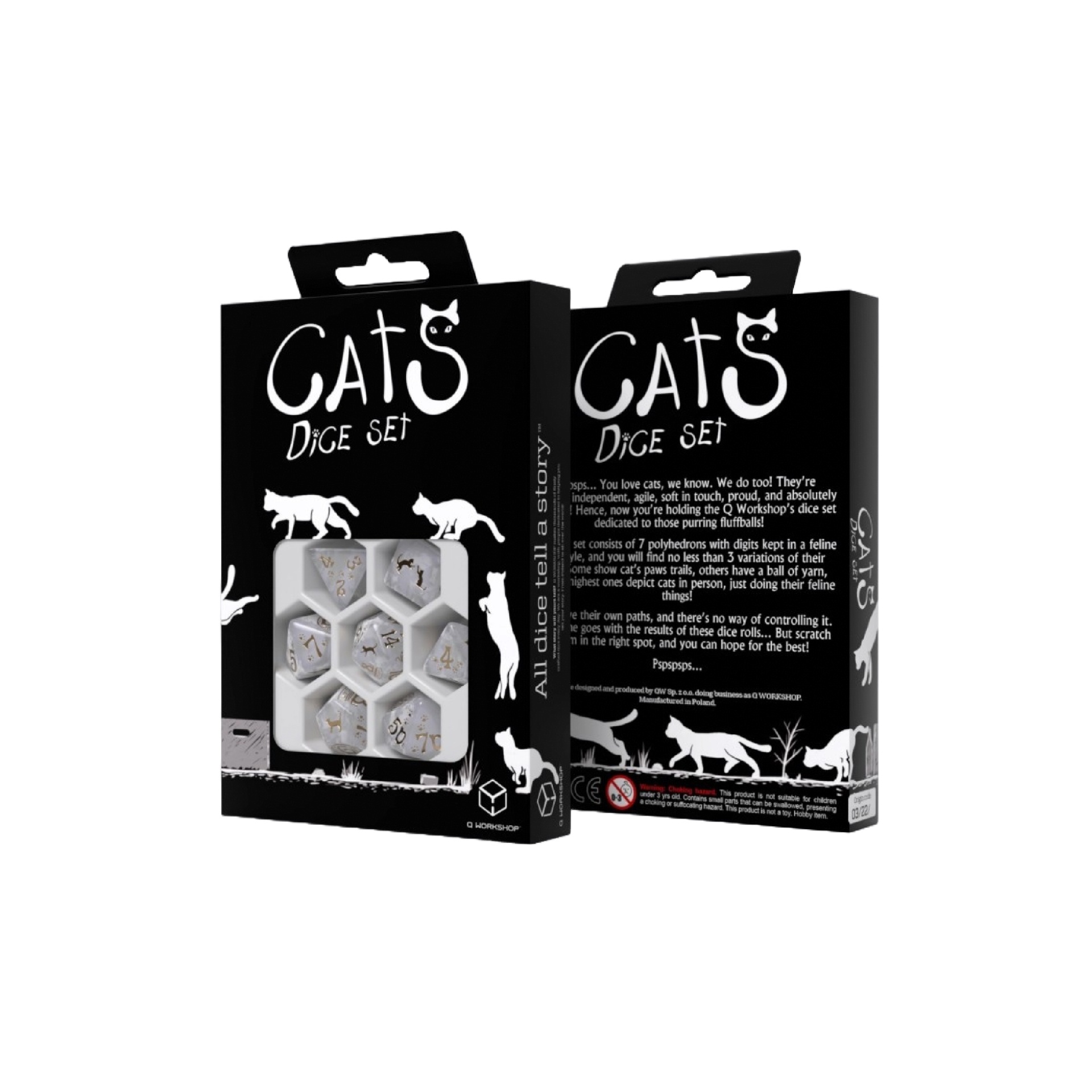 Q-workshop - Dice Set - CATS: Purrl (7pcs) Caixa preta com o conjunto de dados CatS Dice Set e silhuetas de gatos brancos.