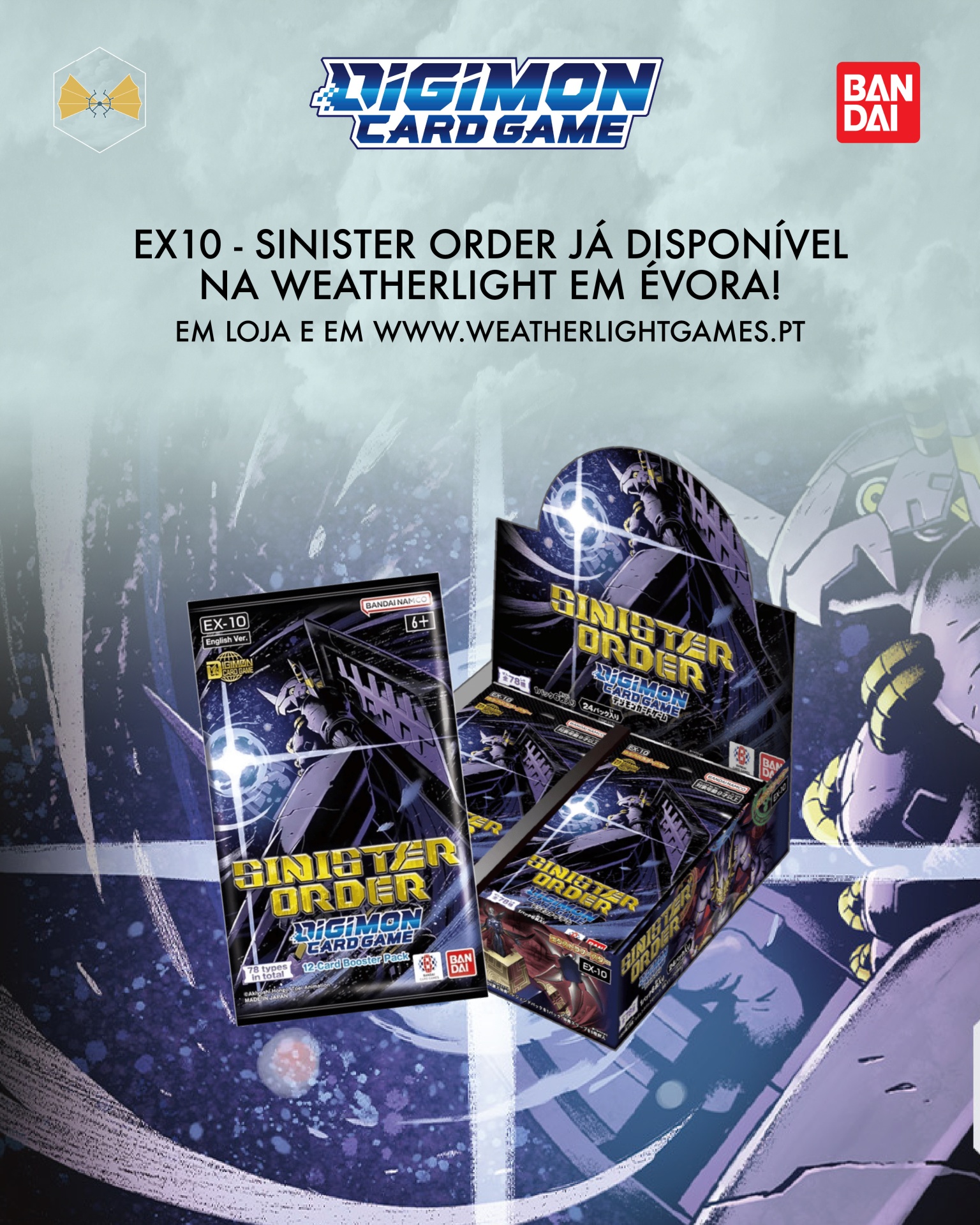 Caixas do Digimon Card Game EX10 Sinister Order em fundo roxo com texto promocional
