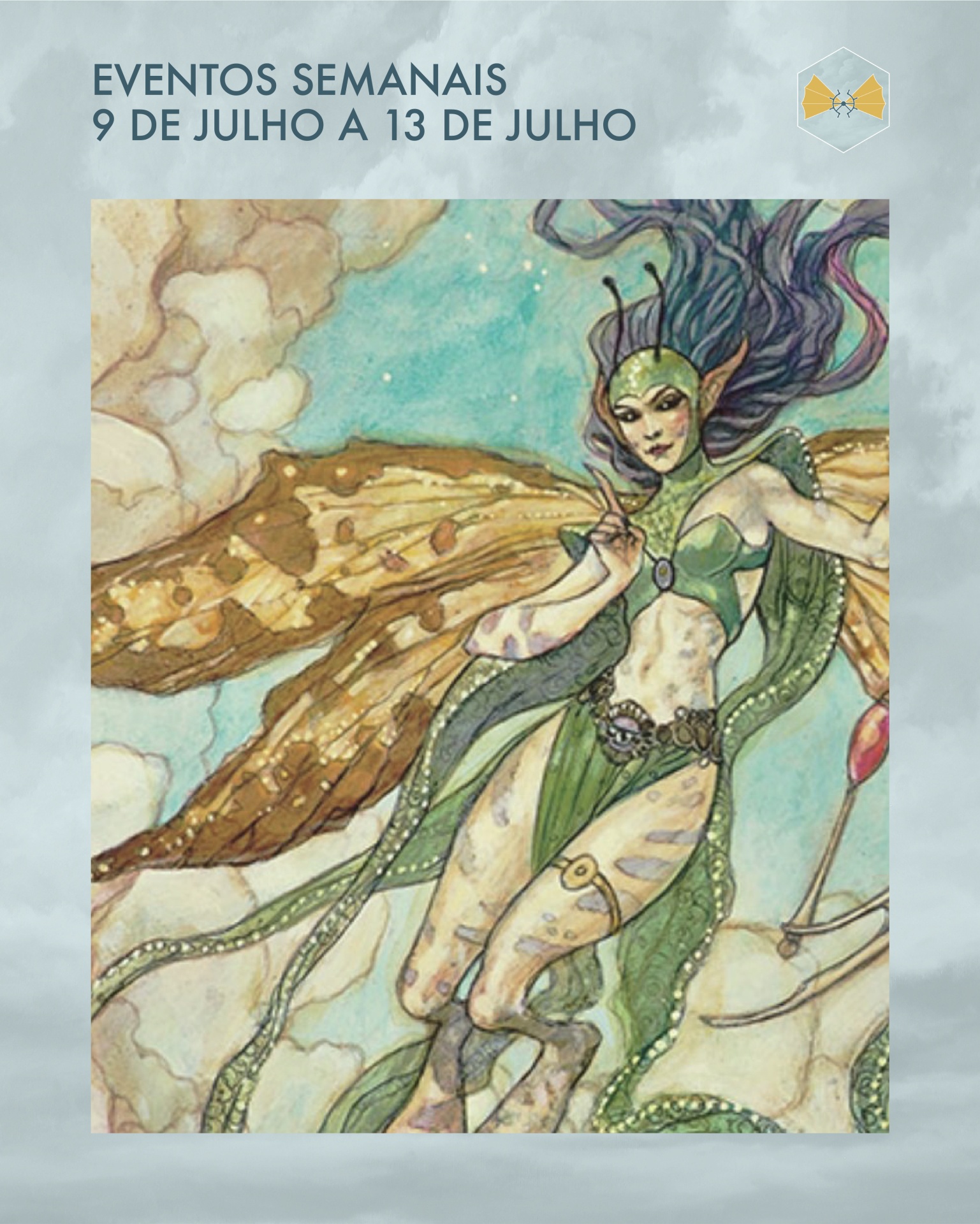 Ilustração de figura feminina com asas castanho-douradas e roupa verde em evento de 9 a 13 de julho