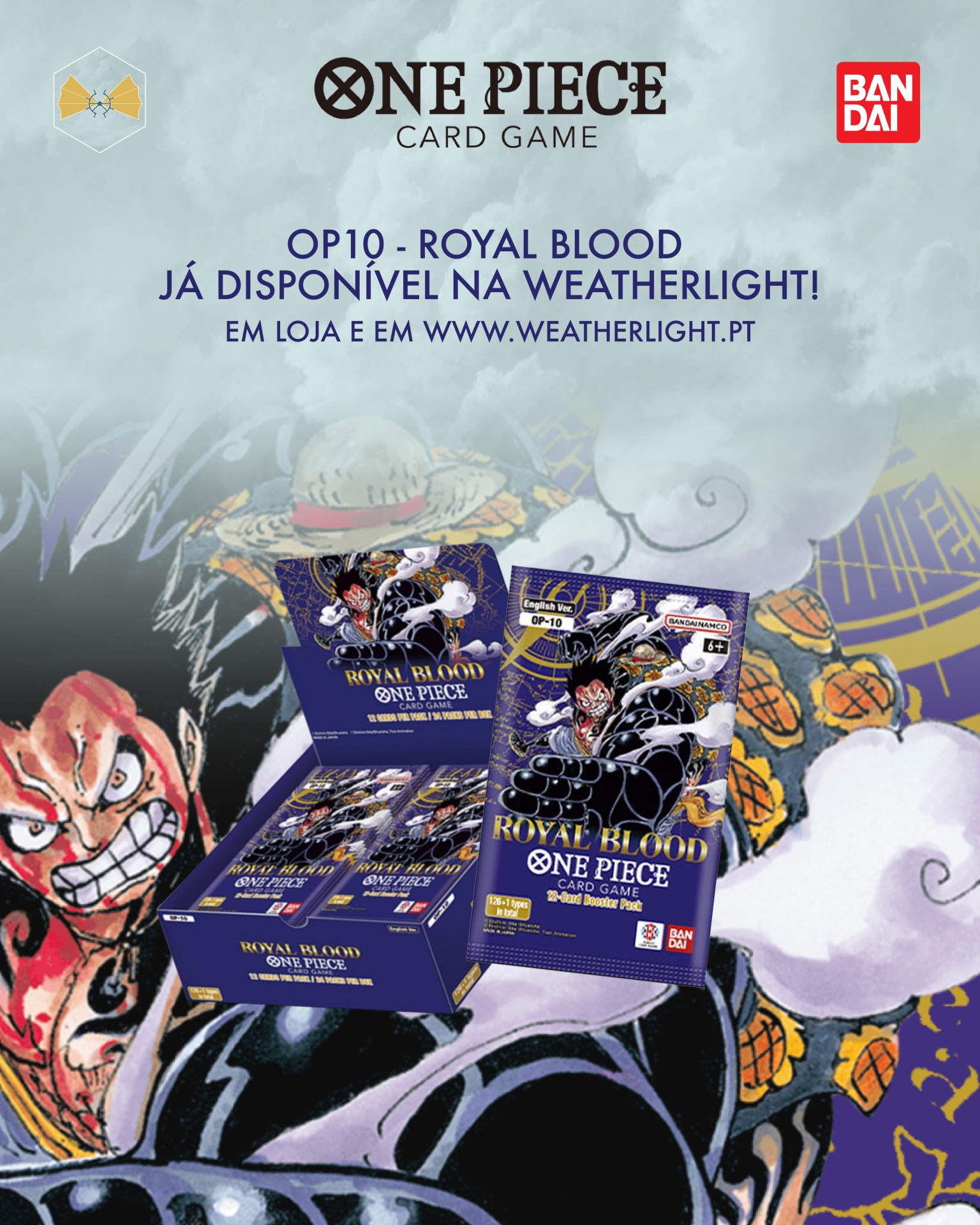 Promoção do jogo de cartas ONE PIECE CARD GAME OP10 - ROYAL BLOOD da Bandai com fundo ilustrado do anime One Piece