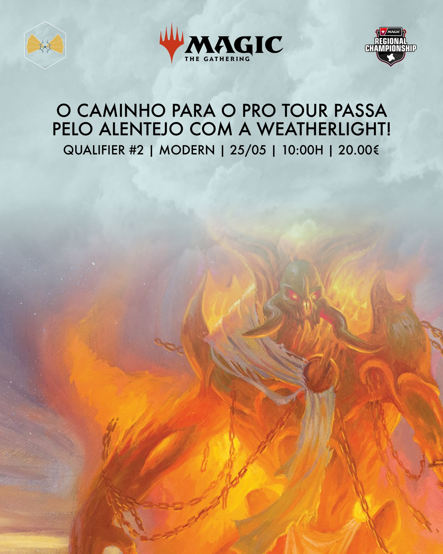 Cartaz promocional de Magic: The Gathering para um campeonato regional com ilustração de criatura de fogo.