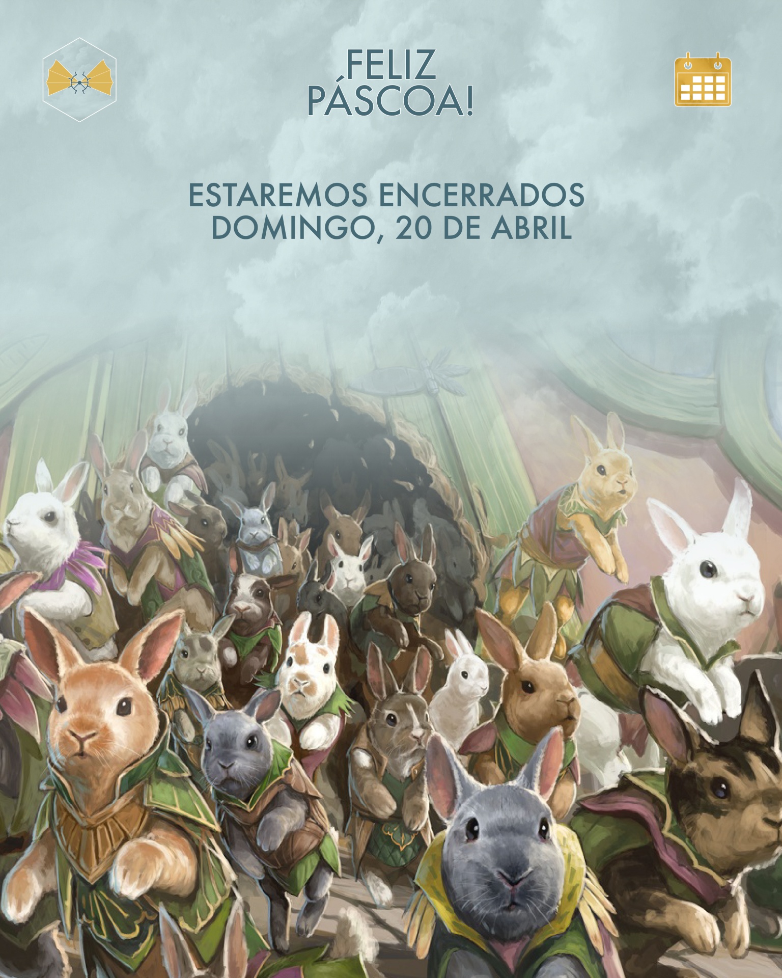 Ilustração de coelhos vestidos com roupas de fantasia e texto sobre encerramento no domingo, 20 de abril