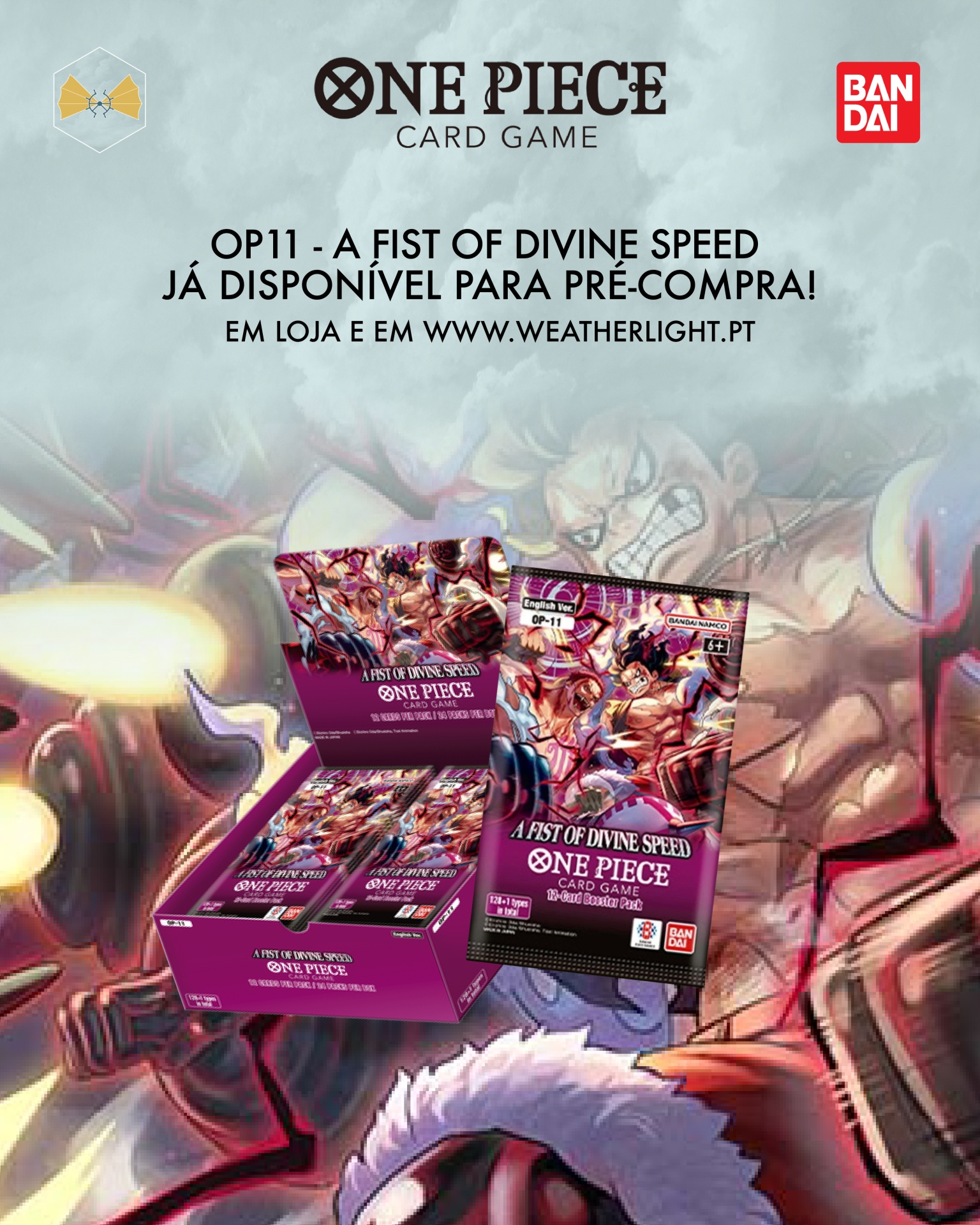Promoção do jogo de cartas One Piece com embalagem roxa e texto em português.