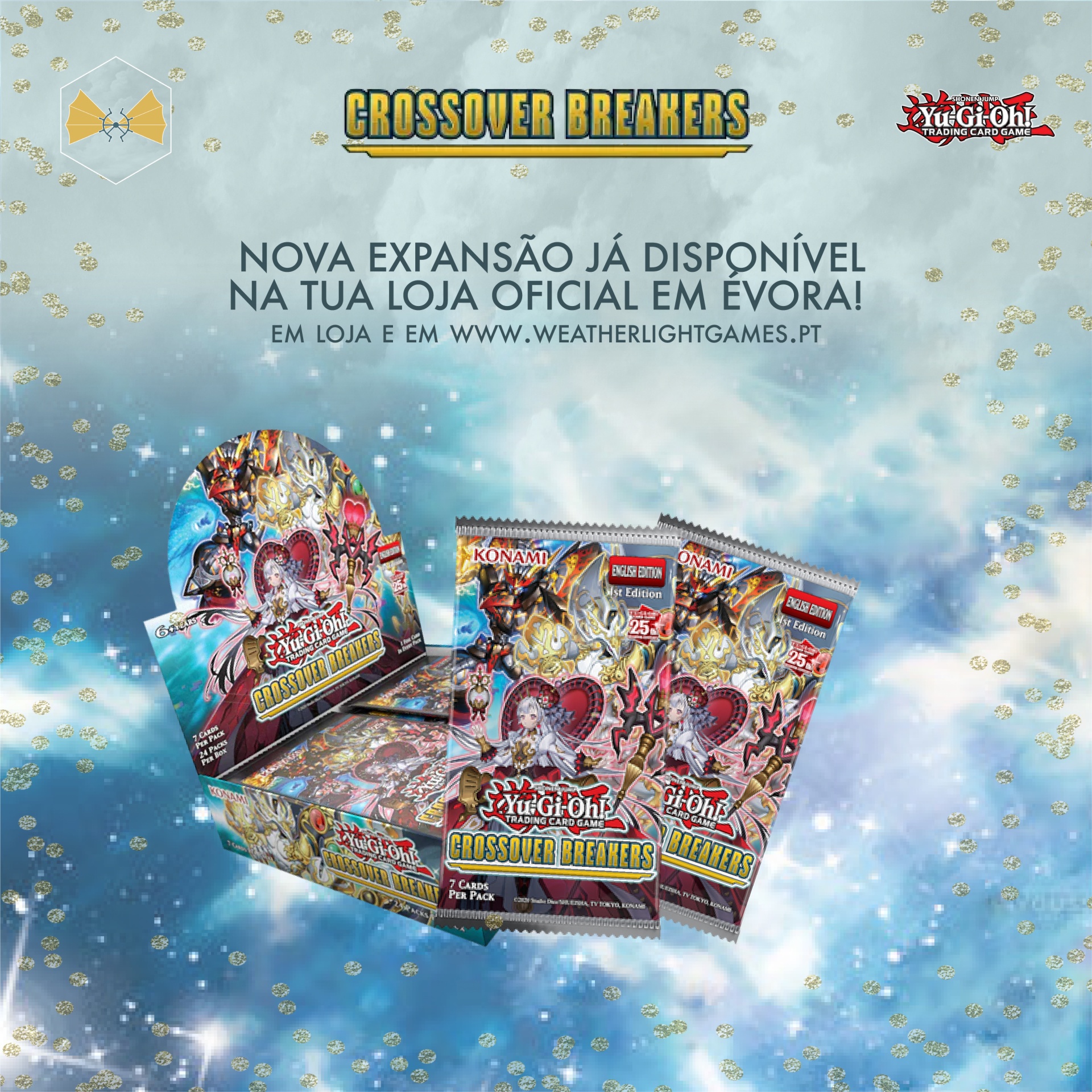 Pacotes de cartas Yu-Gi-Oh! CROSSOVER BREAKERS com texto promocional em fundo azul estrelado