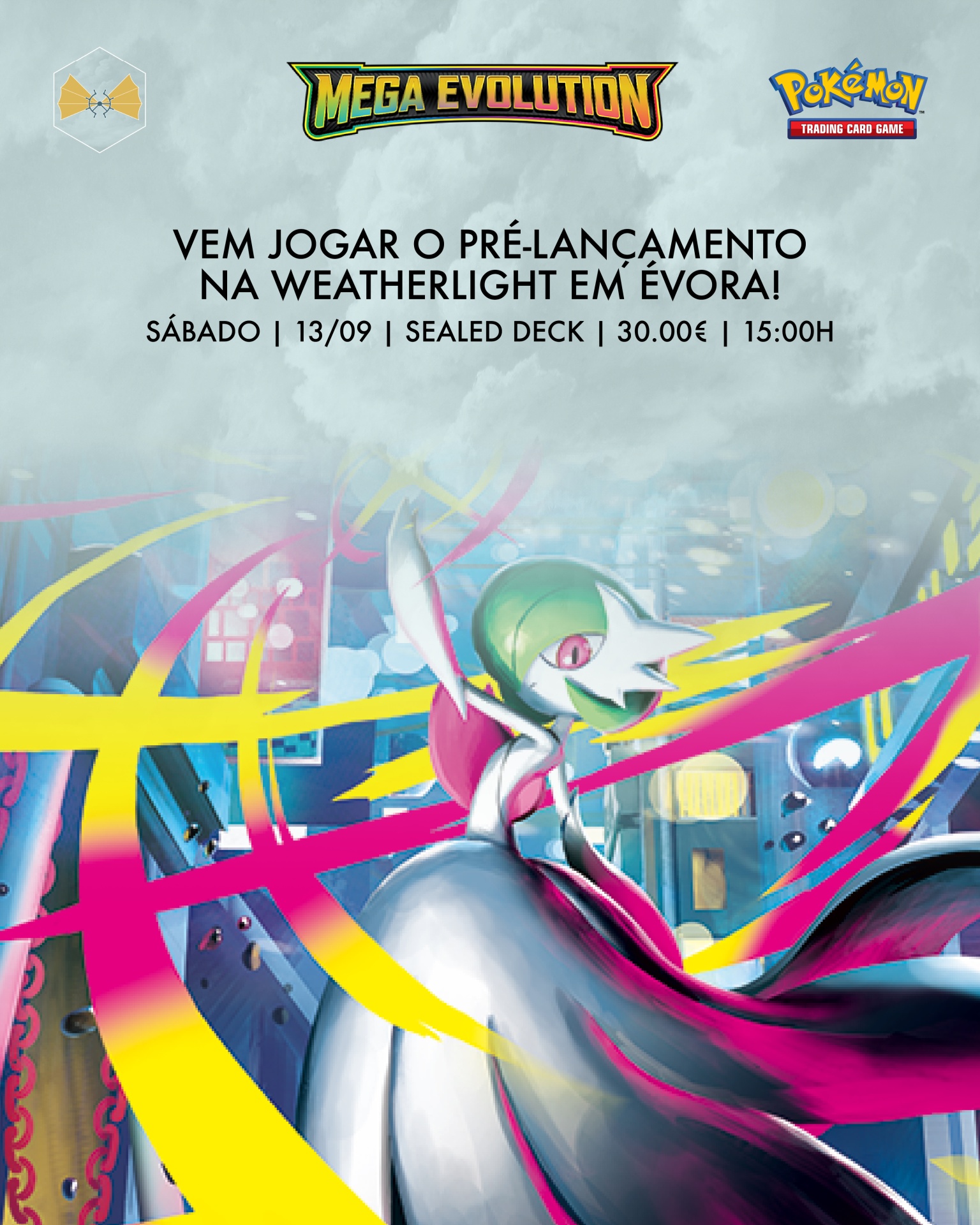 Cartaz promocional Pokémon Mega Evolution com personagem e texto em português sobre pré-lançamento em Évora.