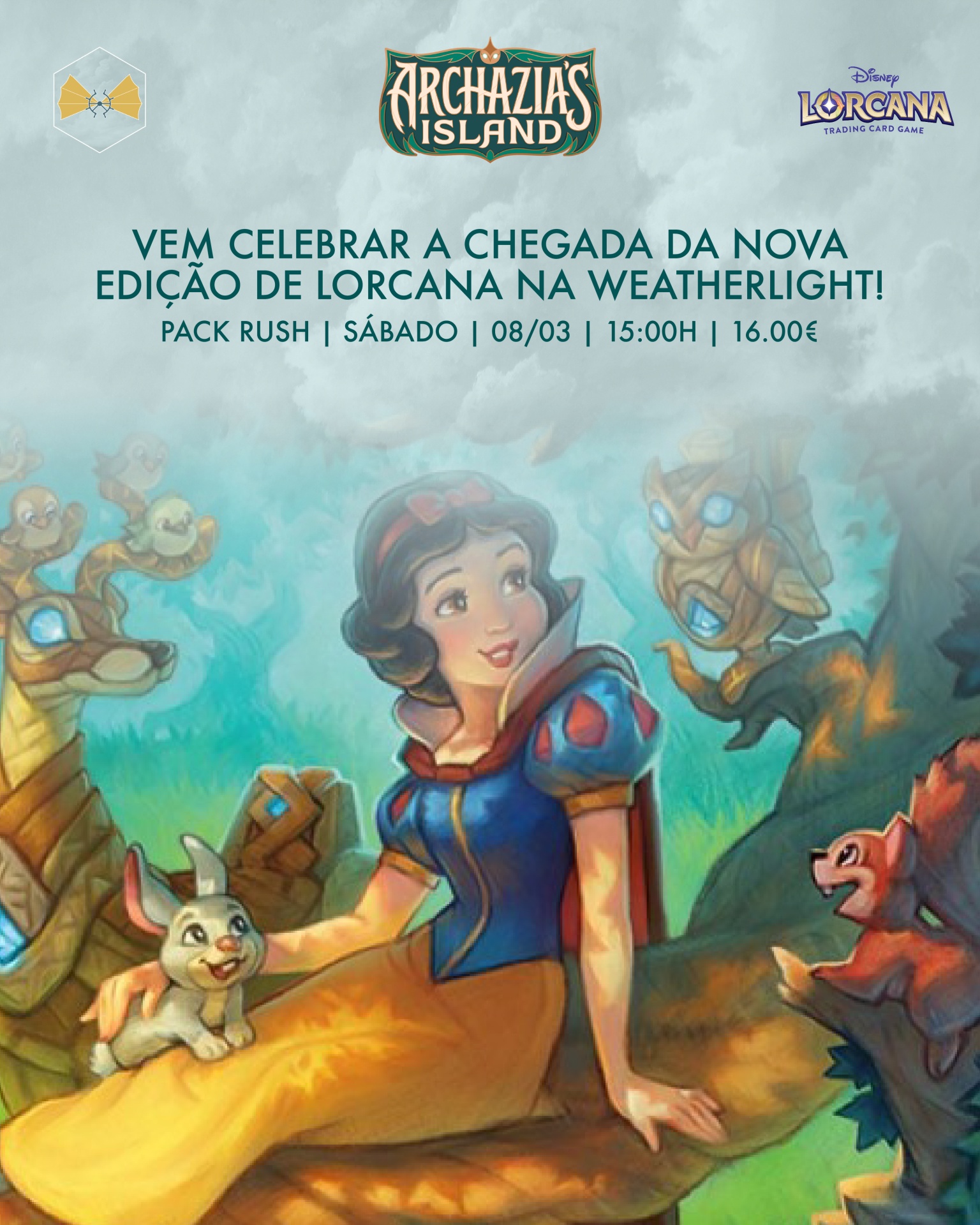 Cartaz promocional colorido com personagem semelhante a Branca de Neve e dragões, texto em português sobre jogo de cartas Lorcana.