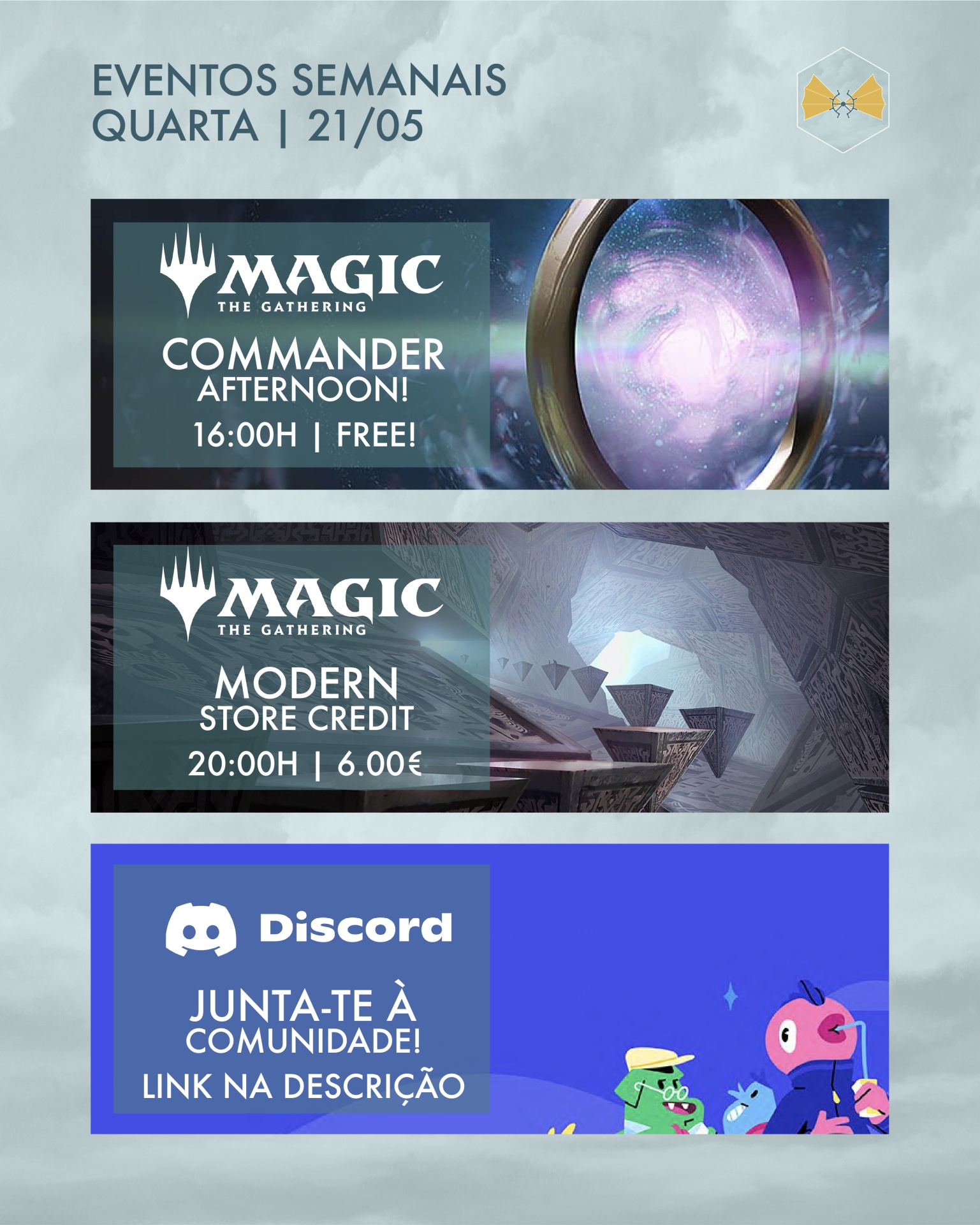 Três painéis promocionais digitais para eventos e Discord, relacionados a Magic The Gathering.