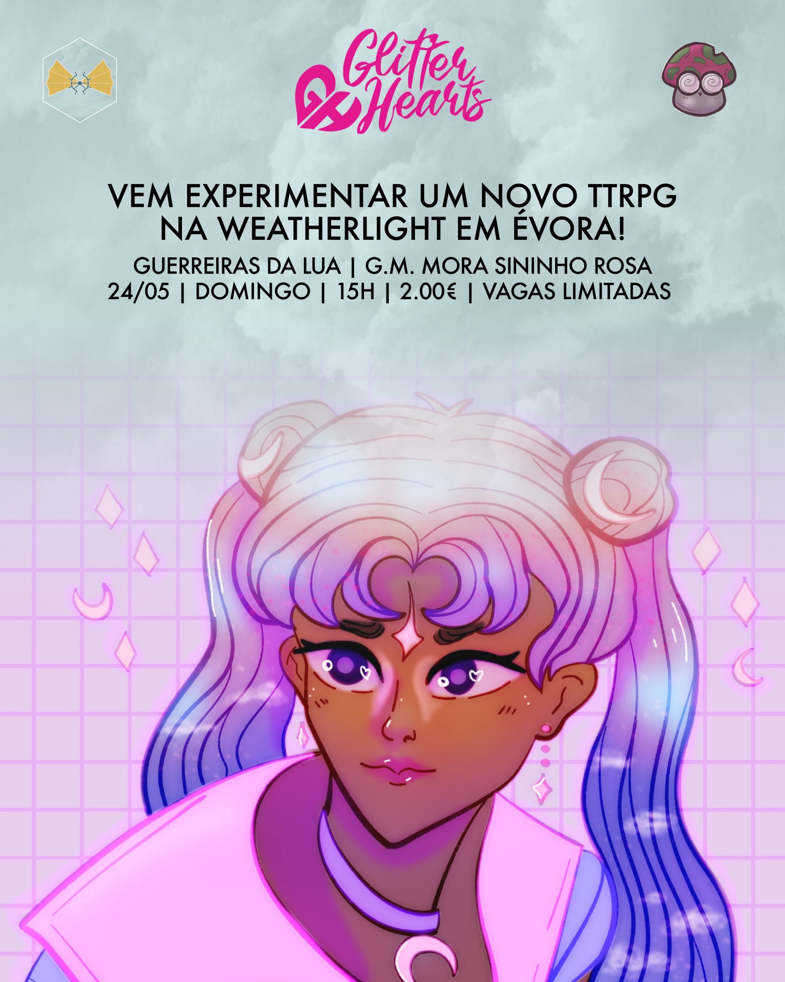 Personagem digital com cabelo roxo e azul, colar prateado de lua e pérolas cor-de-rosa, fundo xadrez lilás.