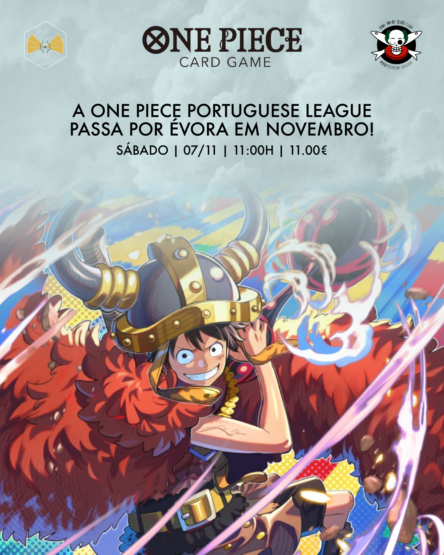 Promoção do jogo de cartas One Piece com ilustração de personagem animado e informações do evento em Évora.