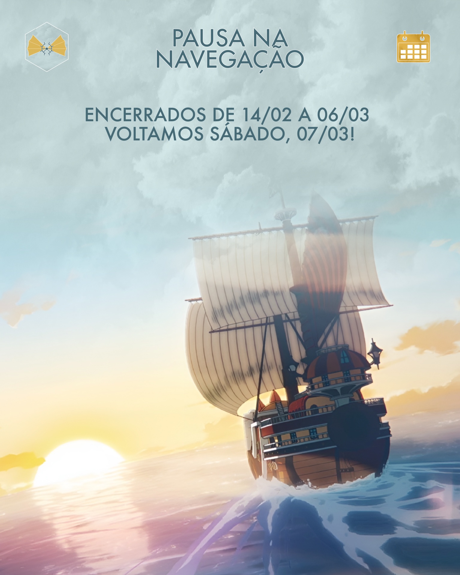 Navio à vela de madeira em alto mar no pôr do sol com texto informativo em português.