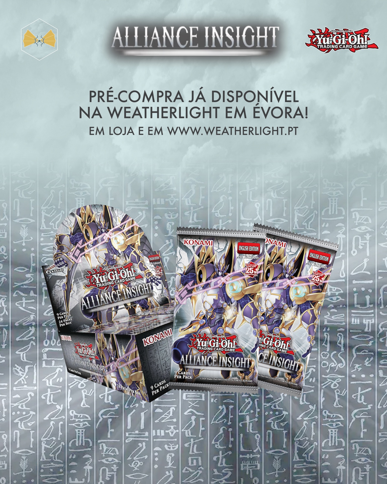 Conjunto de cartas Yu-Gi-Oh! Alliance Insight com caixa e pacotes, texto promocional em português sobre pré-compra em Weatherlight