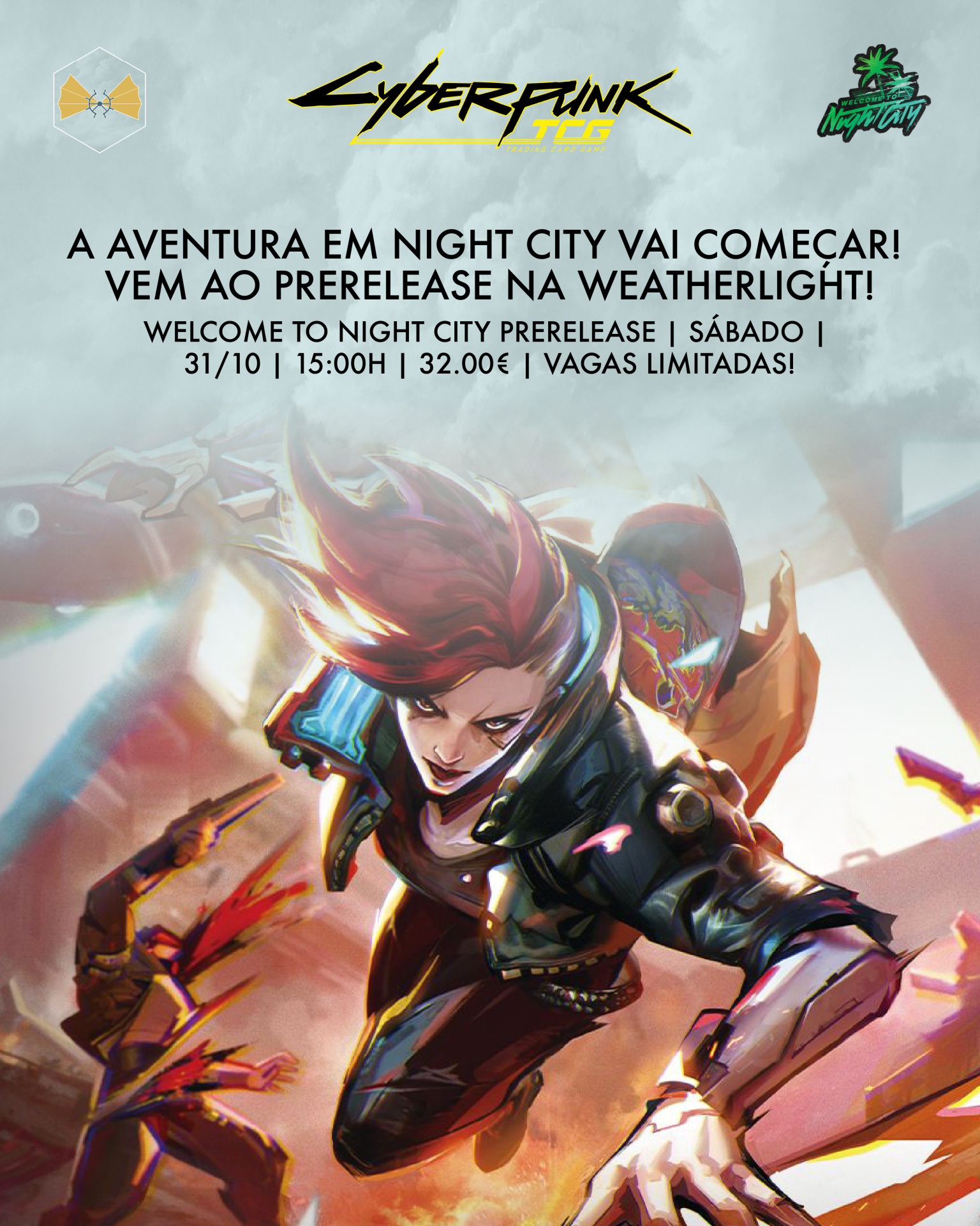 Imagem promocional do jogo Cyberpunk TCG com texto em português sobre evento de prerelease no dia 31 de outubro às 15h