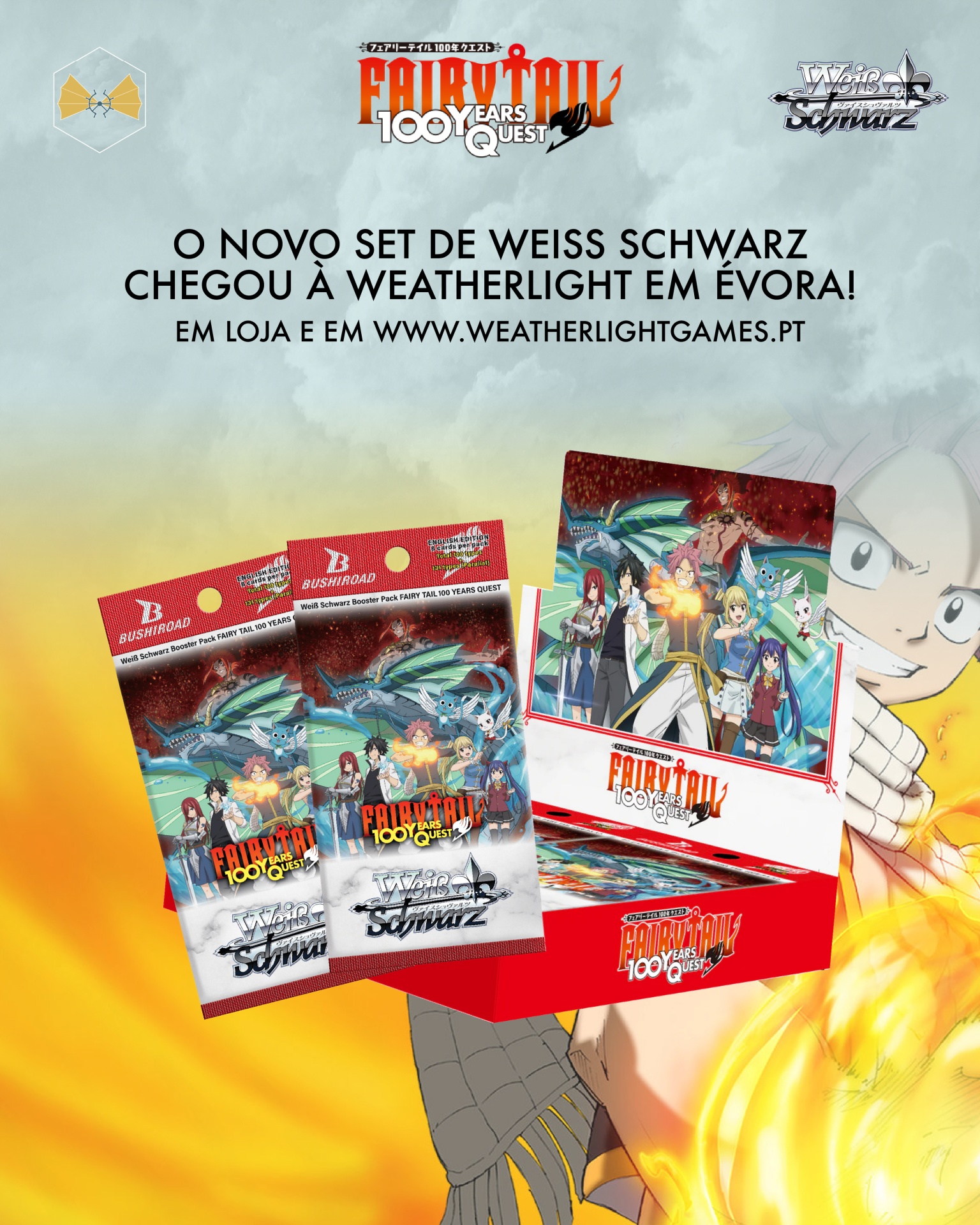 Set de cartas Weiss Schwarz FAIRY TAIL 100 YEARS QUEST com embalagens vermelhas e personagens de anime.