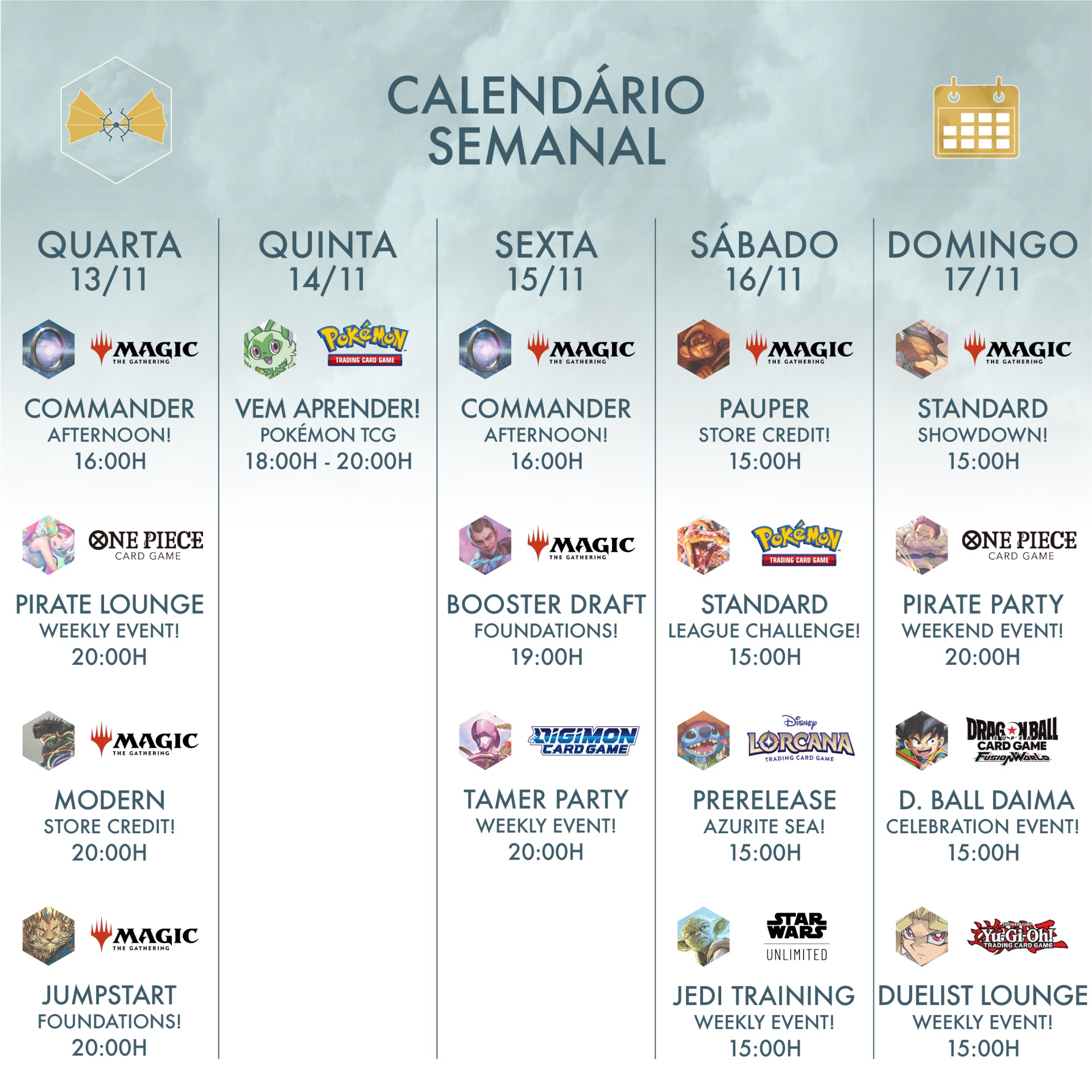 Calendário semanal de eventos de jogos com datas e horas